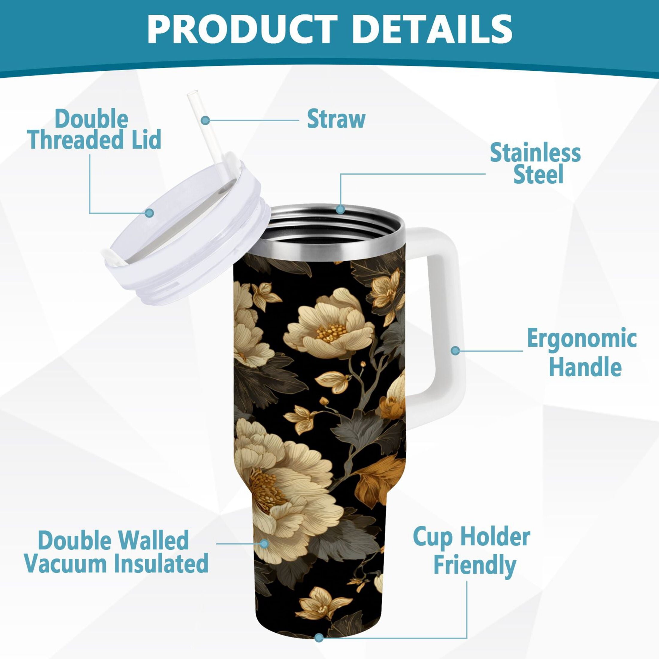 30 oz Insulated Stainless Steel Tumbler Double Wall Stainless Steel Tumbler with 2-Way Drinking Elegant Beige Floral - QMSK