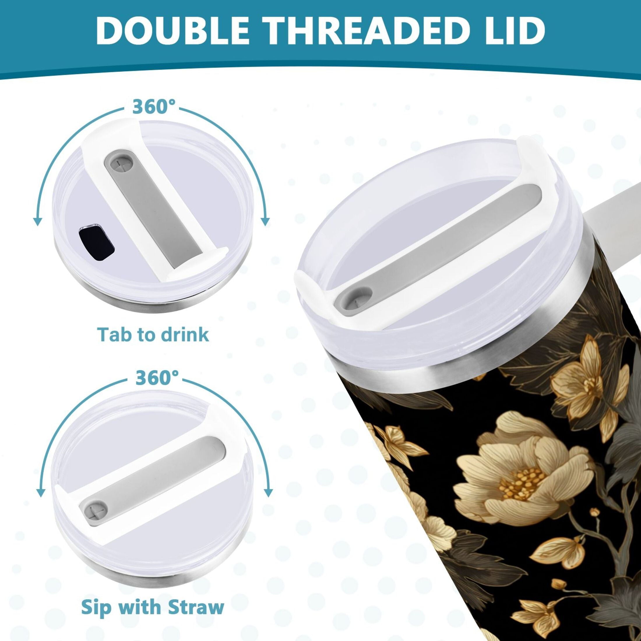 30 oz Insulated Stainless Steel Tumbler Double Wall Stainless Steel Tumbler with 2-Way Drinking Elegant Beige Floral - QMSK