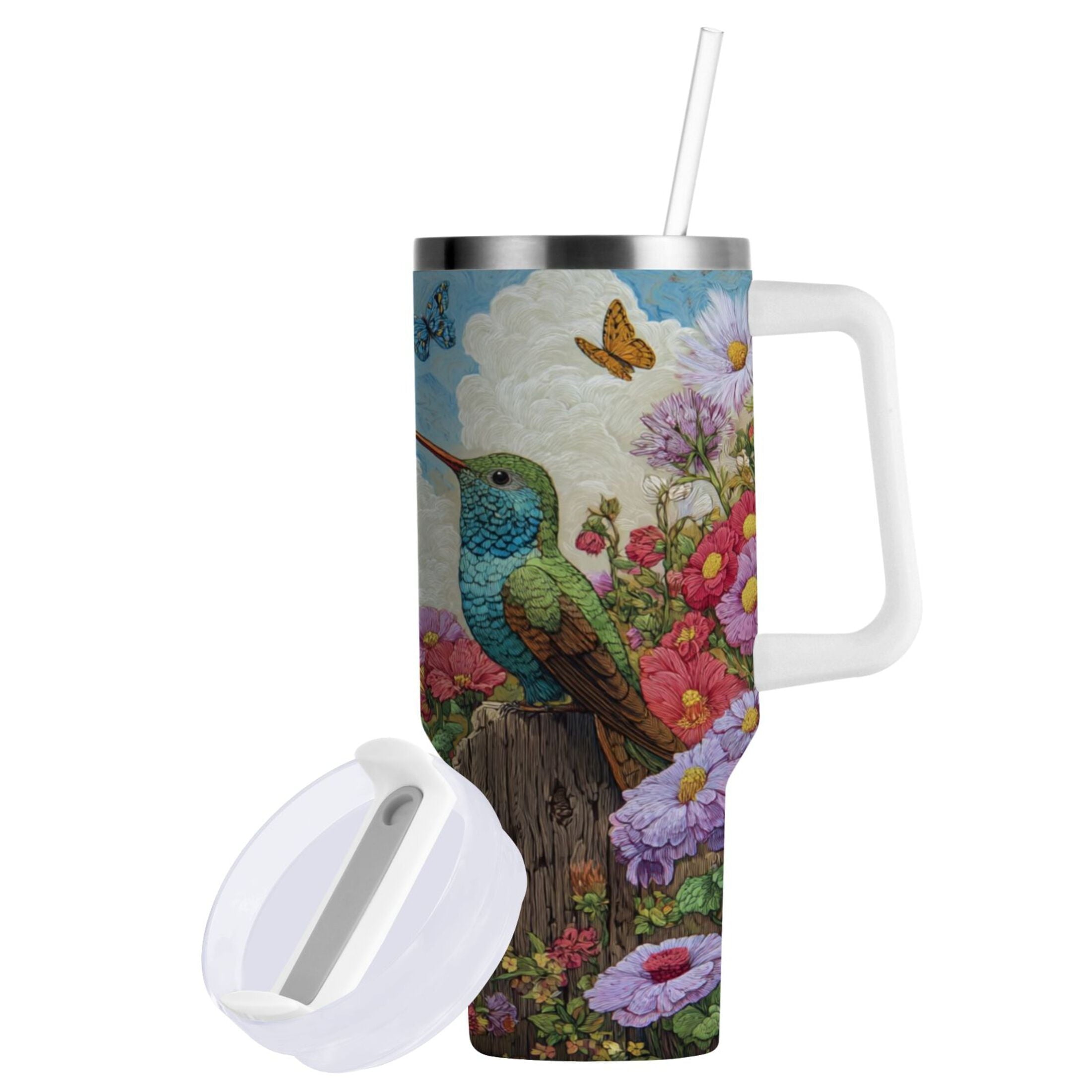 30 oz Insulated Stainless Steel Tumbler Double Wall Stainless Steel Tumbler with 2-Way Drinking Hummingbirds and Flowers - 4HE1