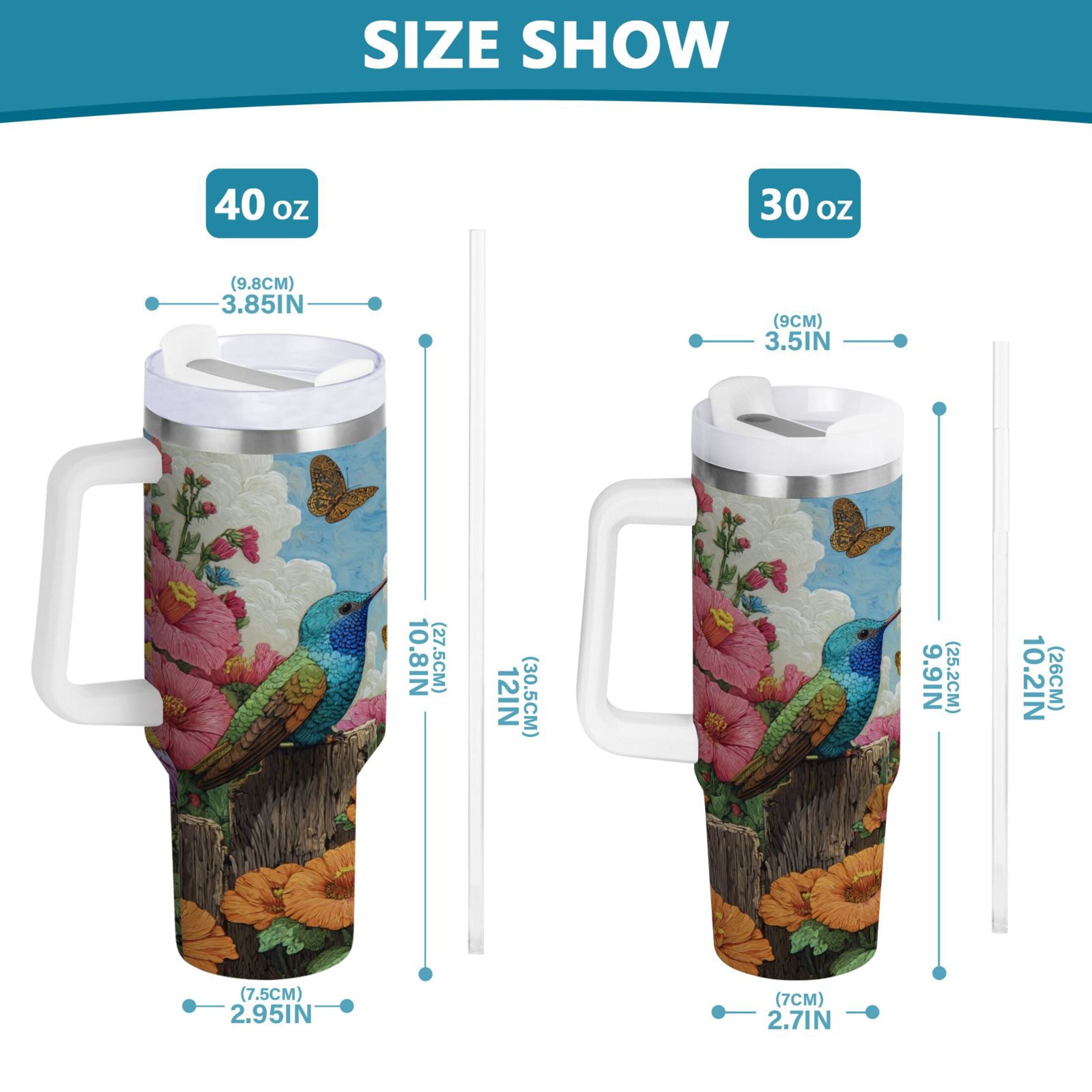 30 oz Insulated Stainless Steel Tumbler Double Wall Stainless Steel Tumbler with 2-Way Drinking Hummingbirds and Flowers - 4HE1