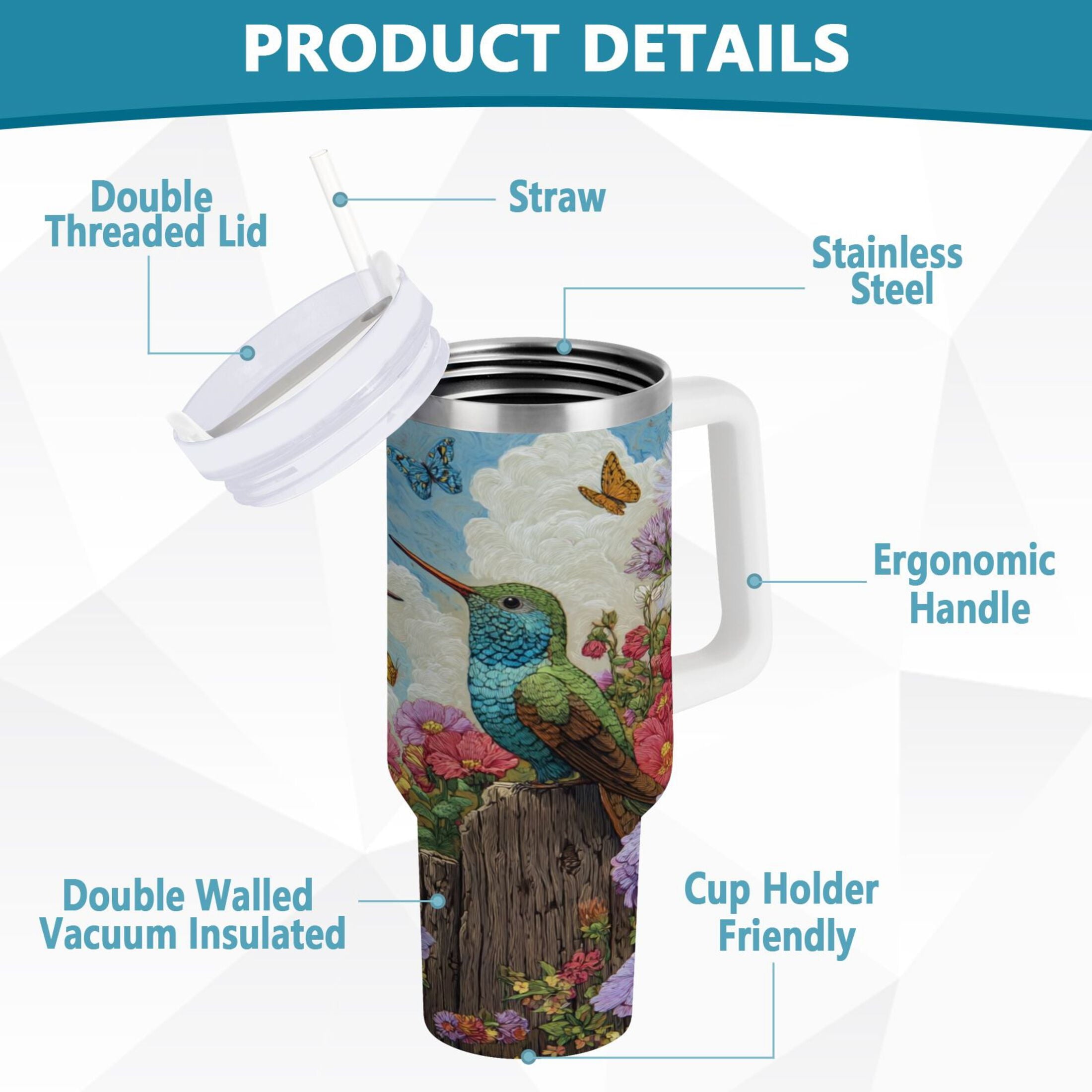30 oz Insulated Stainless Steel Tumbler Double Wall Stainless Steel Tumbler with 2-Way Drinking Hummingbirds and Flowers - 4HE1