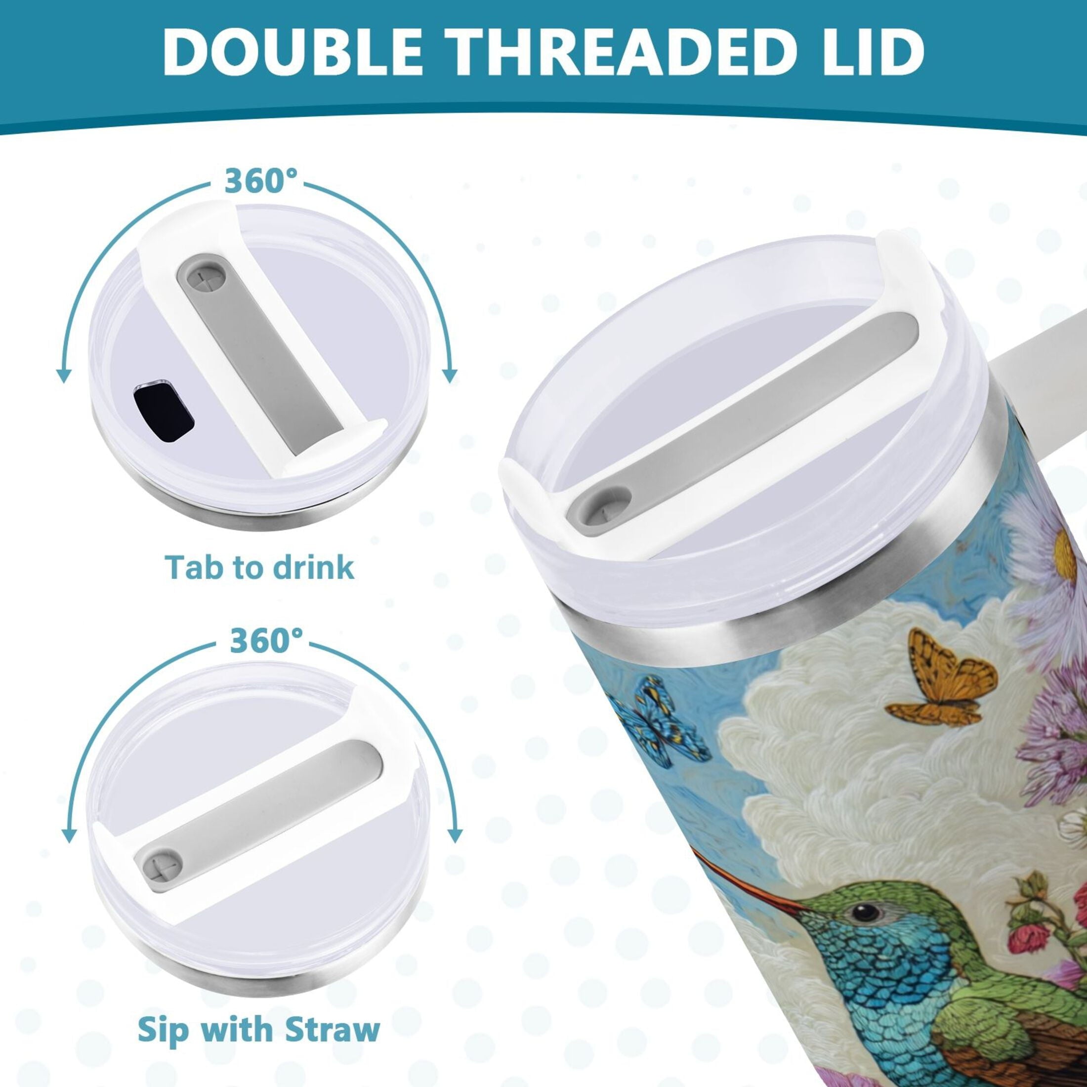 30 oz Insulated Stainless Steel Tumbler Double Wall Stainless Steel Tumbler with 2-Way Drinking Hummingbirds and Flowers - 4HE1