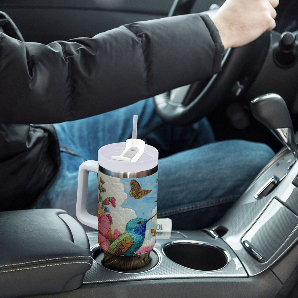 30 oz Insulated Stainless Steel Tumbler Double Wall Stainless Steel Tumbler with 2-Way Drinking Hummingbirds and Flowers - 4HE1