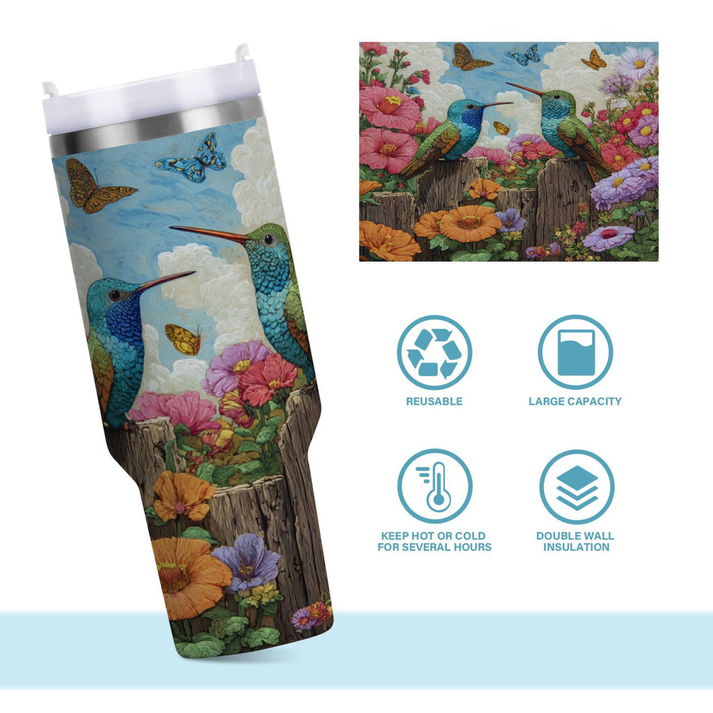 30 oz Insulated Stainless Steel Tumbler Double Wall Stainless Steel Tumbler with 2-Way Drinking Hummingbirds and Flowers - 4HE1
