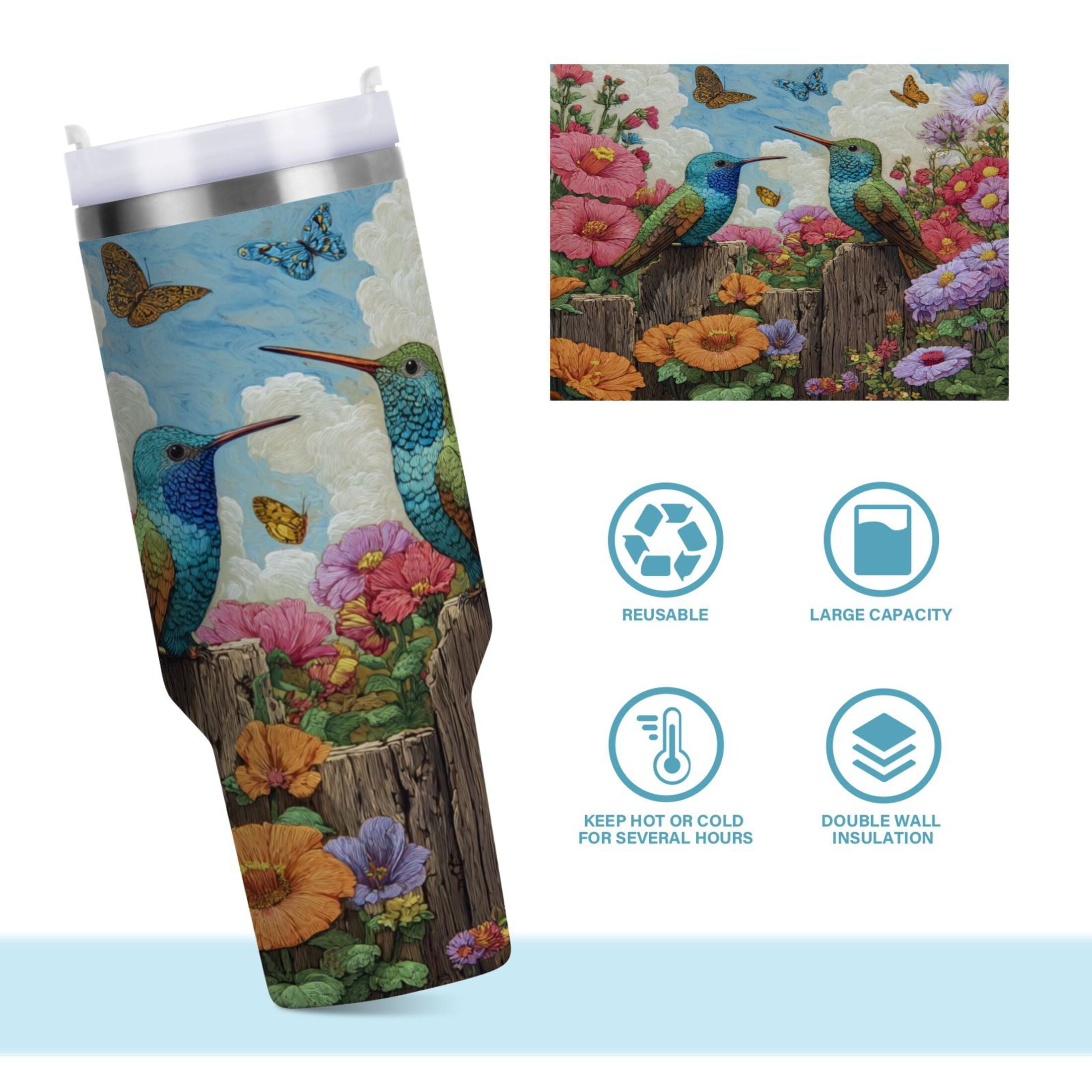 30 oz Insulated Stainless Steel Tumbler Double Wall Stainless Steel Tumbler with 2-Way Drinking Hummingbirds and Flowers - 4HE1