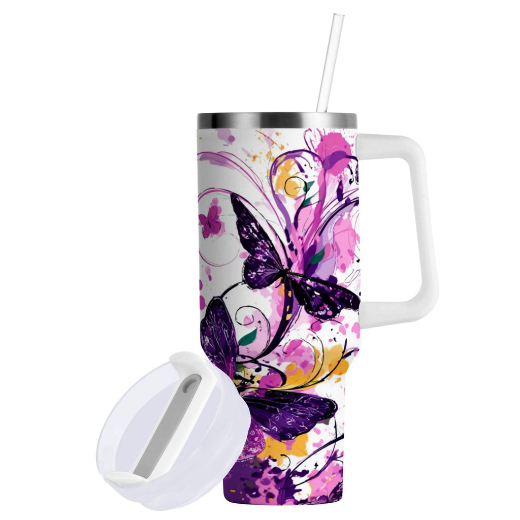 40 oz Insulated Stainless Steel Tumbler Double Wall Stainless Steel Tumbler with 2-Way Drinking Purple Butterfly - DIN0