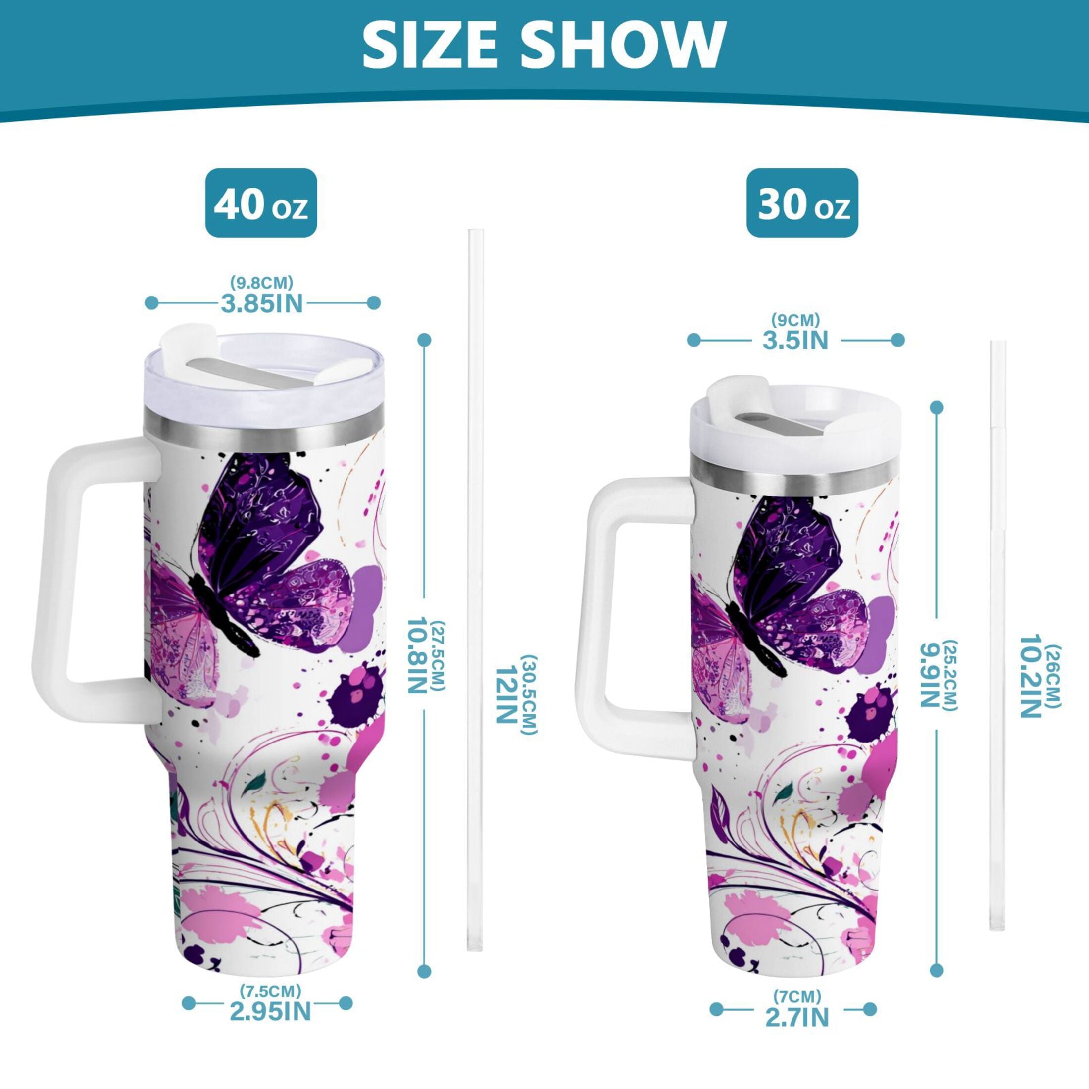40 oz Insulated Stainless Steel Tumbler Double Wall Stainless Steel Tumbler with 2-Way Drinking Purple Butterfly - DIN0