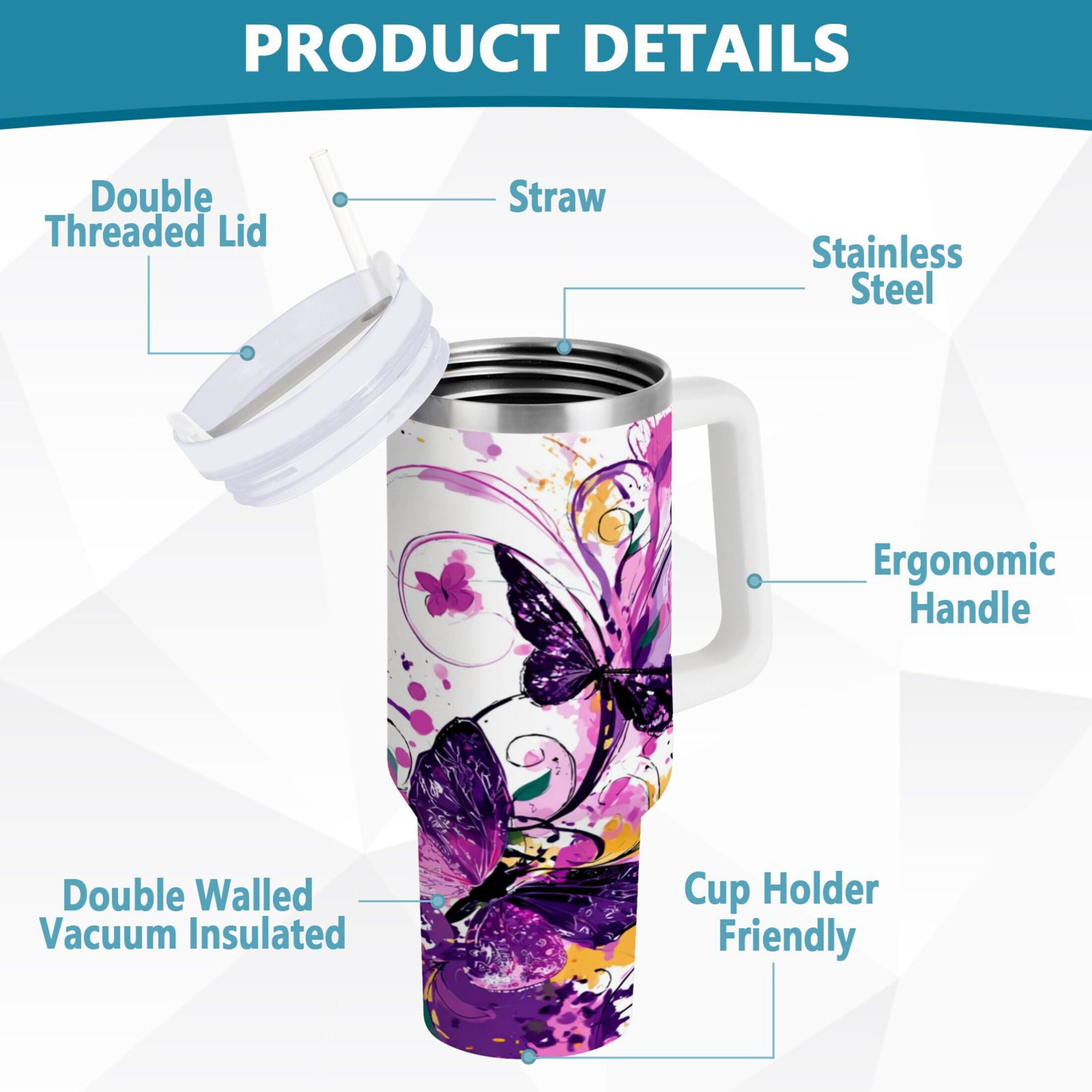 40 oz Insulated Stainless Steel Tumbler Double Wall Stainless Steel Tumbler with 2-Way Drinking Purple Butterfly - DIN0
