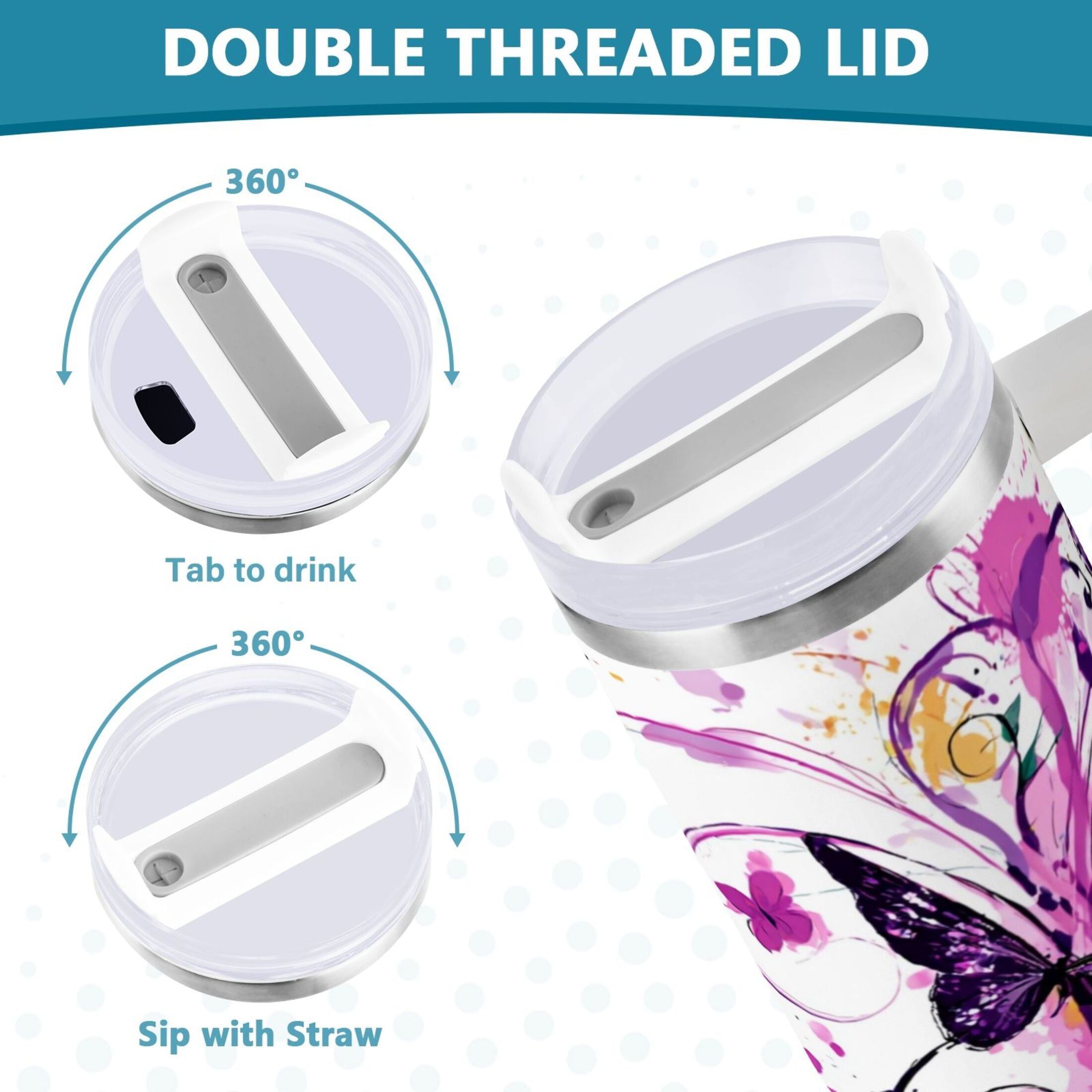 40 oz Insulated Stainless Steel Tumbler Double Wall Stainless Steel Tumbler with 2-Way Drinking Purple Butterfly - DIN0