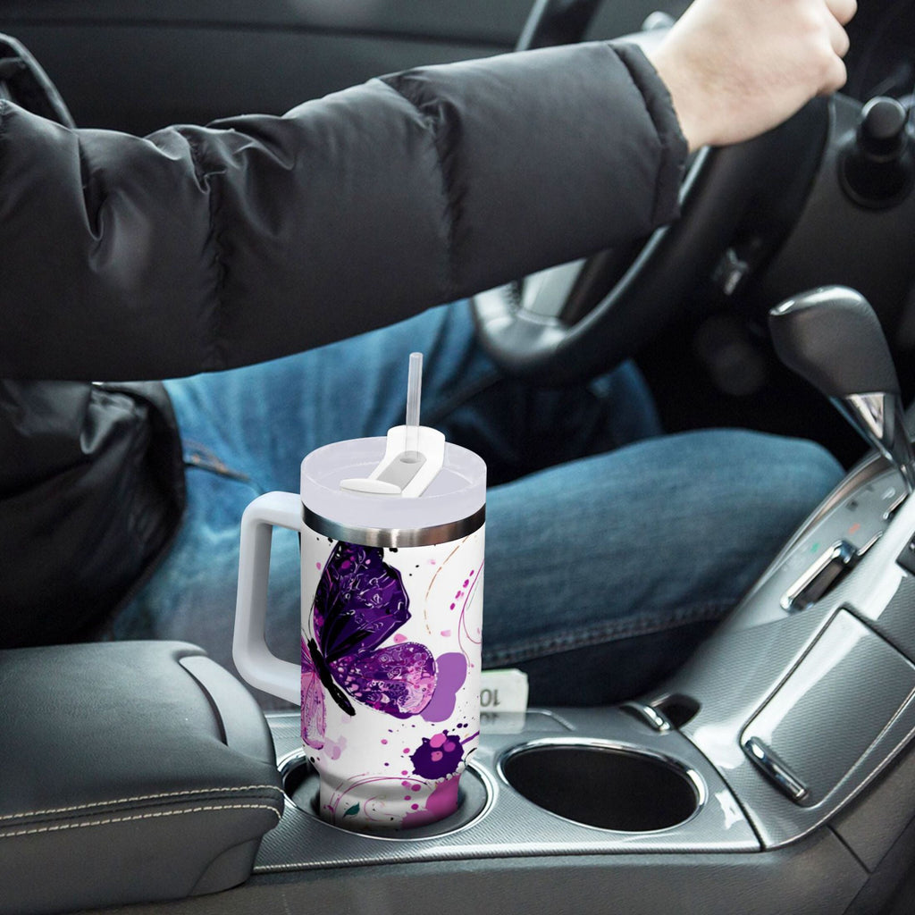 40 oz Insulated Stainless Steel Tumbler Double Wall Stainless Steel Tumbler with 2-Way Drinking Purple Butterfly - DIN0