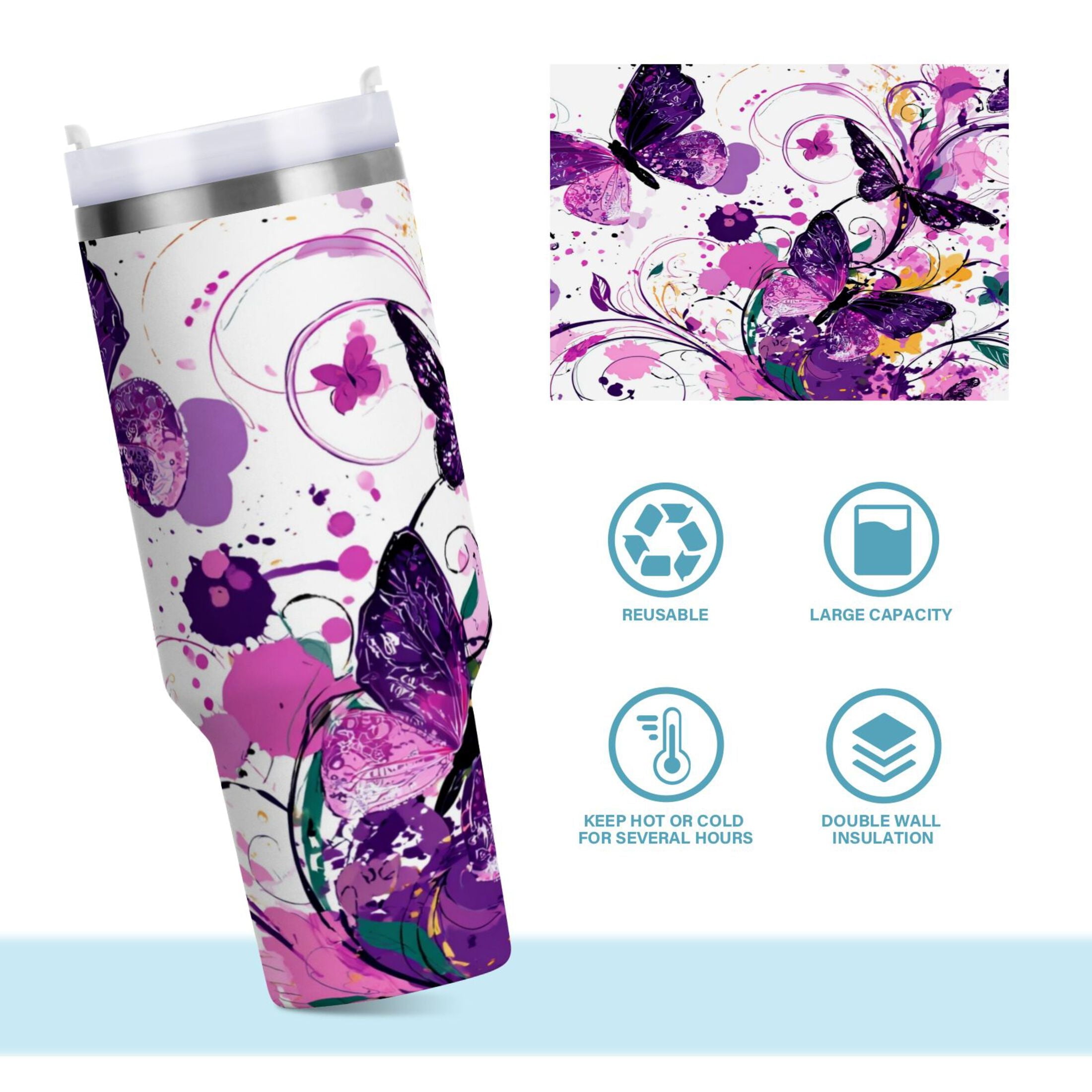 40 oz Insulated Stainless Steel Tumbler Double Wall Stainless Steel Tumbler with 2-Way Drinking Purple Butterfly - DIN0