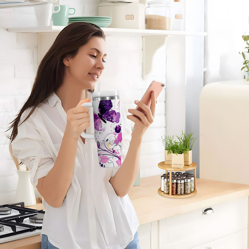 40 oz Insulated Stainless Steel Tumbler Double Wall Stainless Steel Tumbler with 2-Way Drinking Purple Butterfly - DIN0