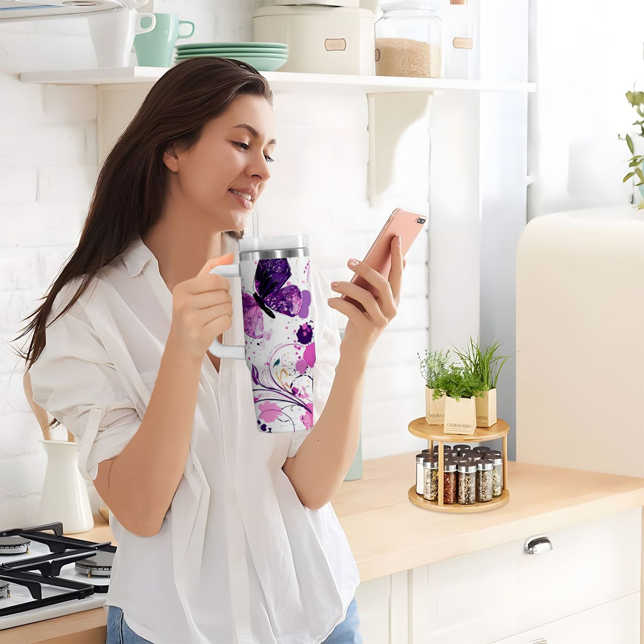 40 oz Insulated Stainless Steel Tumbler Double Wall Stainless Steel Tumbler with 2-Way Drinking Purple Butterfly - DIN0