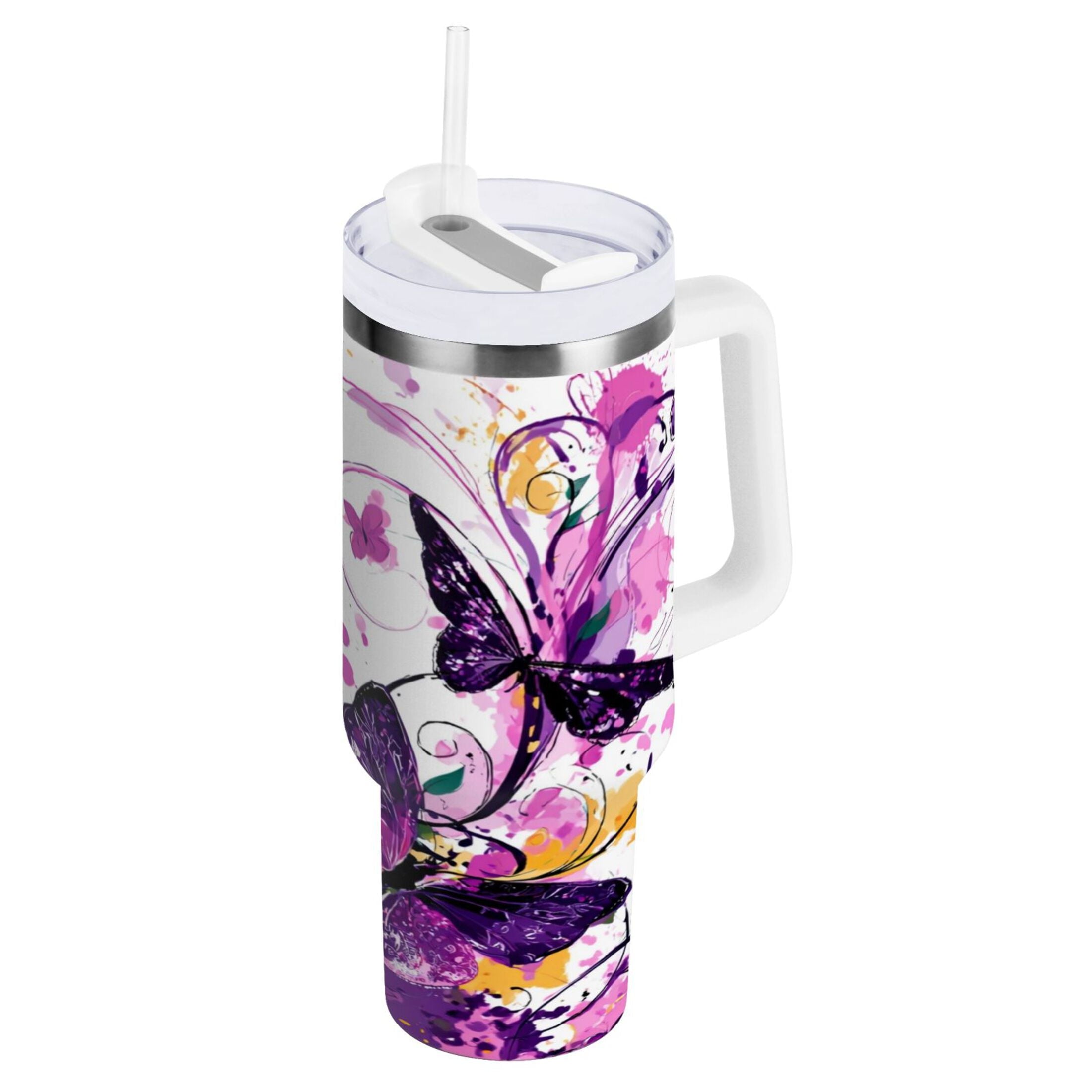 40 oz Insulated Stainless Steel Tumbler Double Wall Stainless Steel Tumbler with 2-Way Drinking Purple Butterfly - DIN0