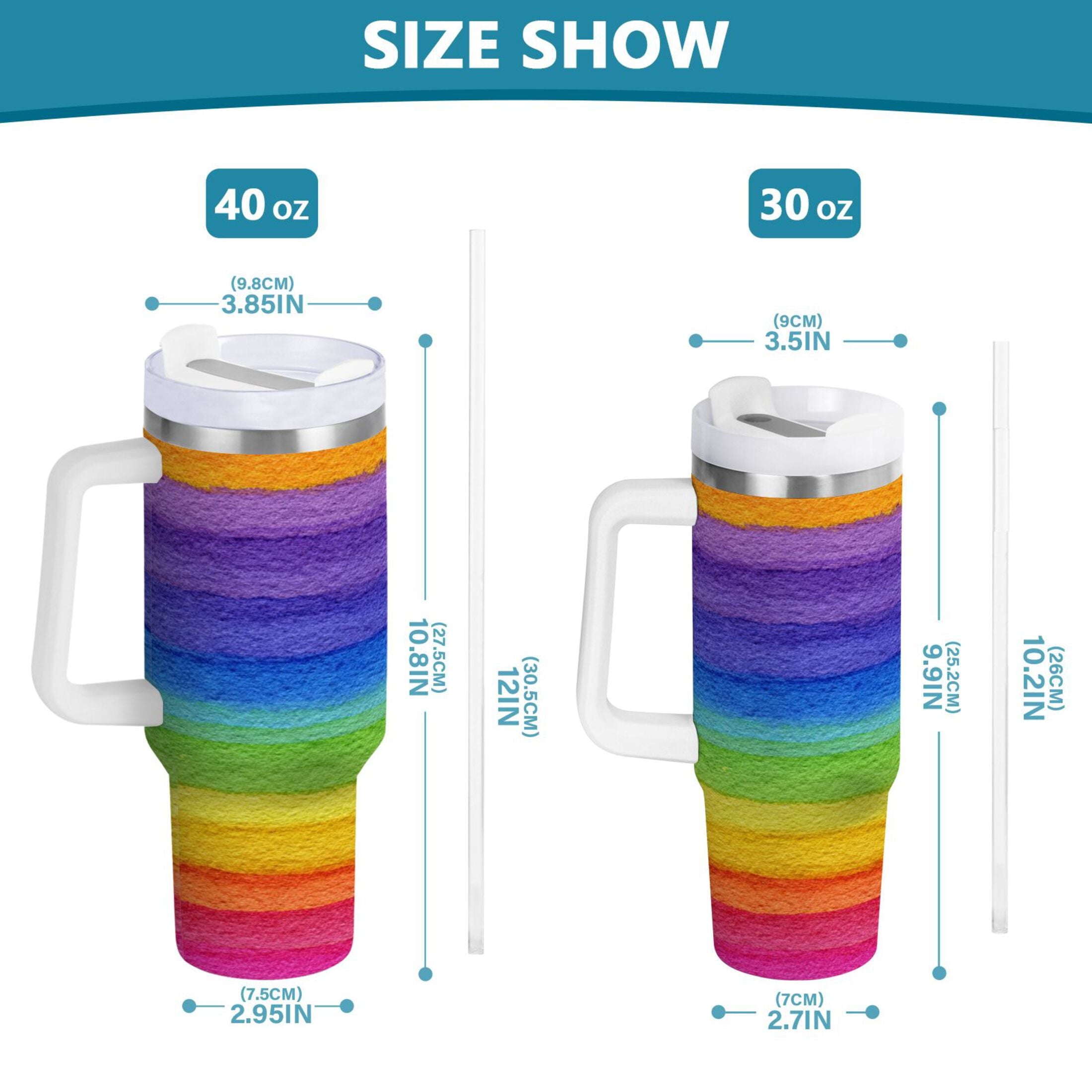 30 oz Insulated Stainless Steel Tumbler Double Wall Stainless Steel Tumbler with 2-Way Drinking Watercolor Rainbow Colors - H3AV