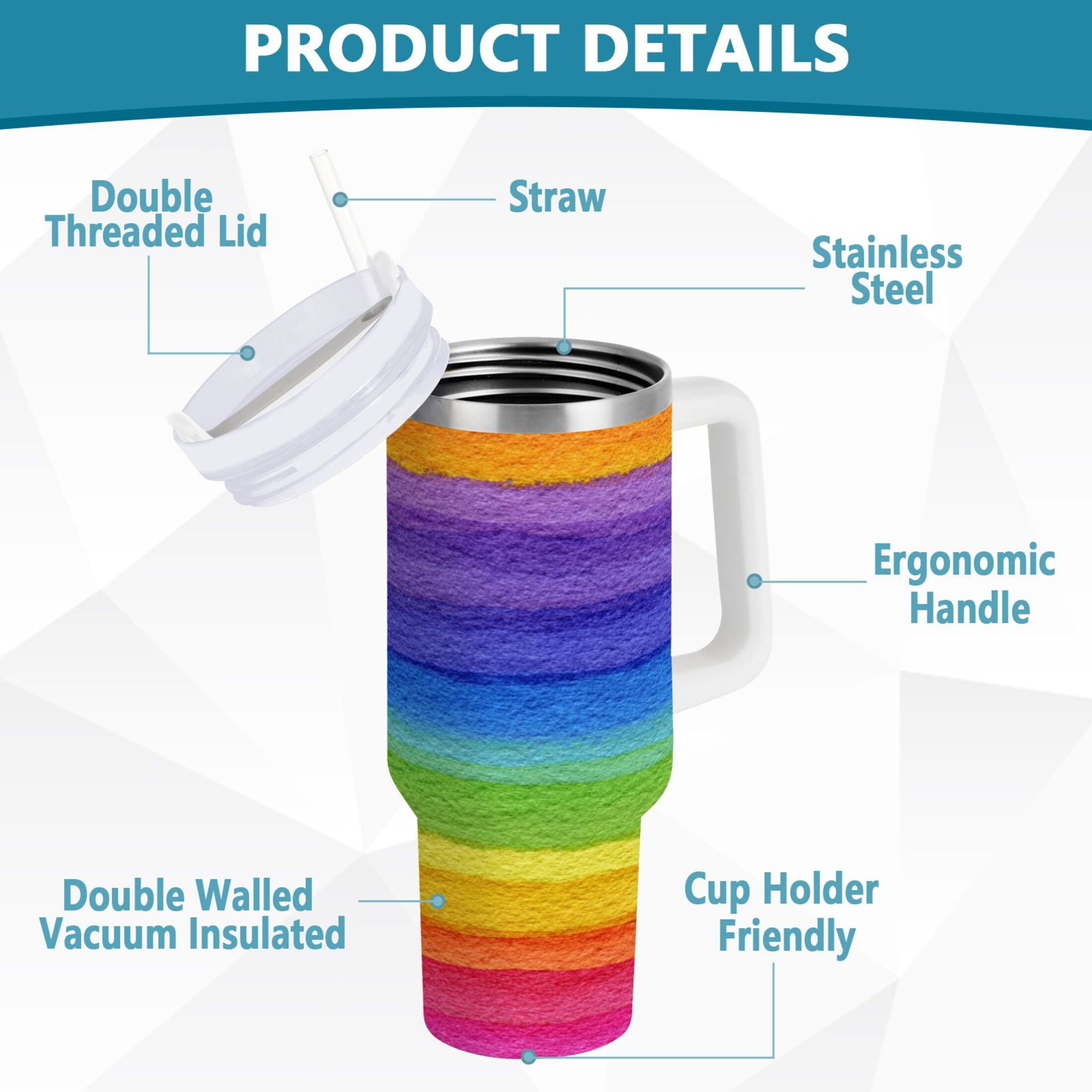 30 oz Insulated Stainless Steel Tumbler Double Wall Stainless Steel Tumbler with 2-Way Drinking Watercolor Rainbow Colors - H3AV