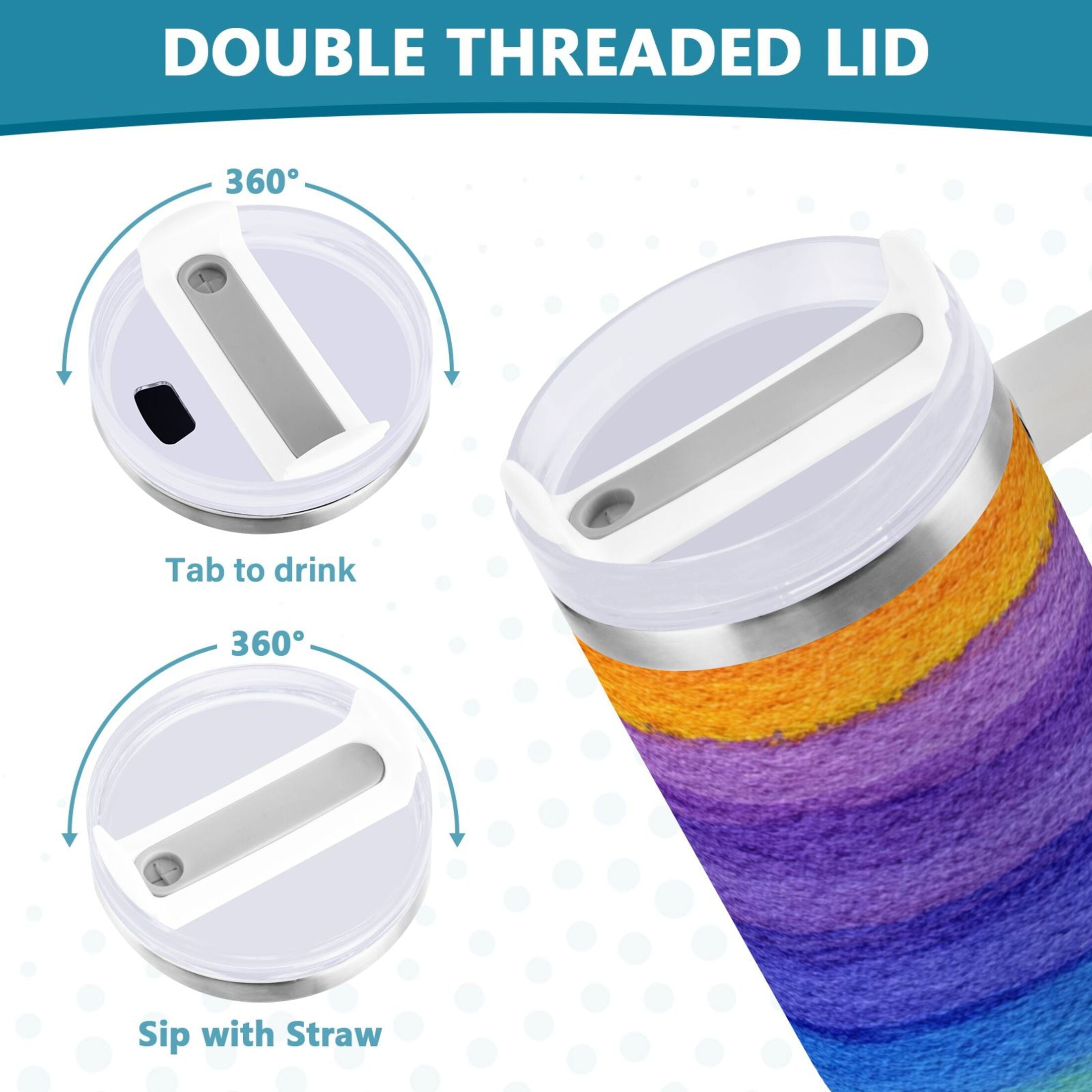 30 oz Insulated Stainless Steel Tumbler Double Wall Stainless Steel Tumbler with 2-Way Drinking Watercolor Rainbow Colors - H3AV