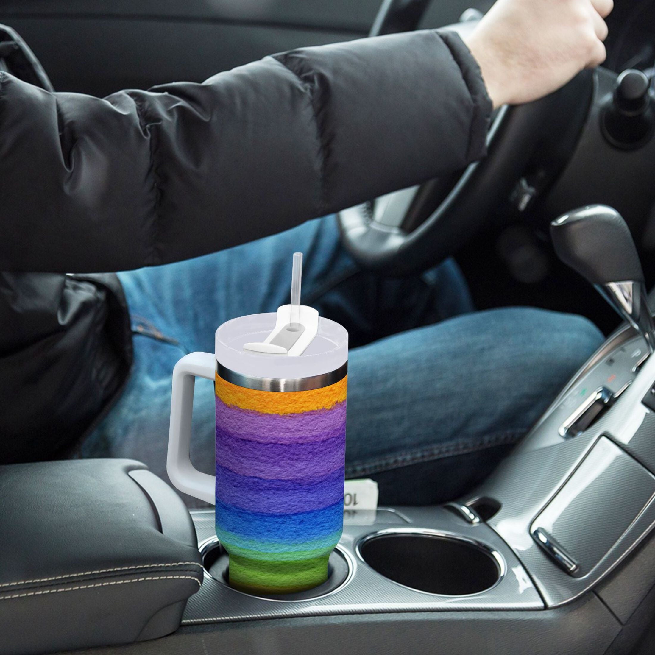 30 oz Insulated Stainless Steel Tumbler Double Wall Stainless Steel Tumbler with 2-Way Drinking Watercolor Rainbow Colors - H3AV