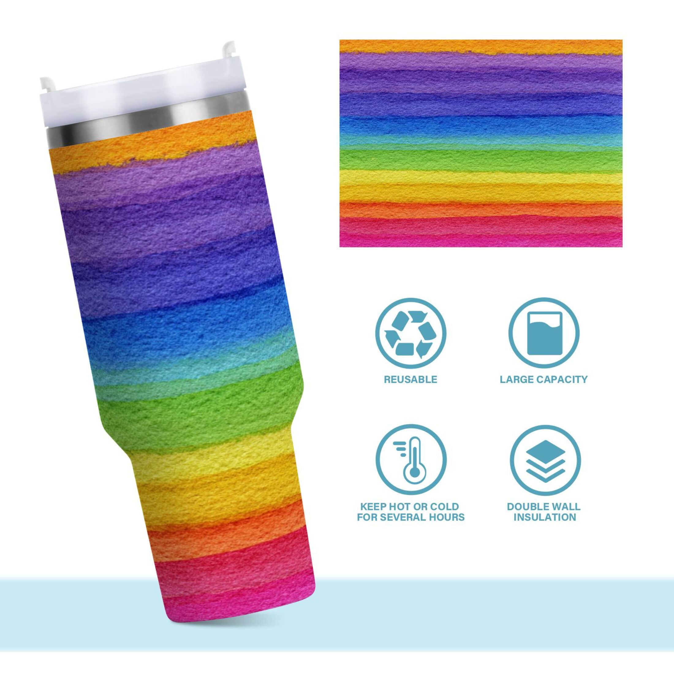 30 oz Insulated Stainless Steel Tumbler Double Wall Stainless Steel Tumbler with 2-Way Drinking Watercolor Rainbow Colors - H3AV