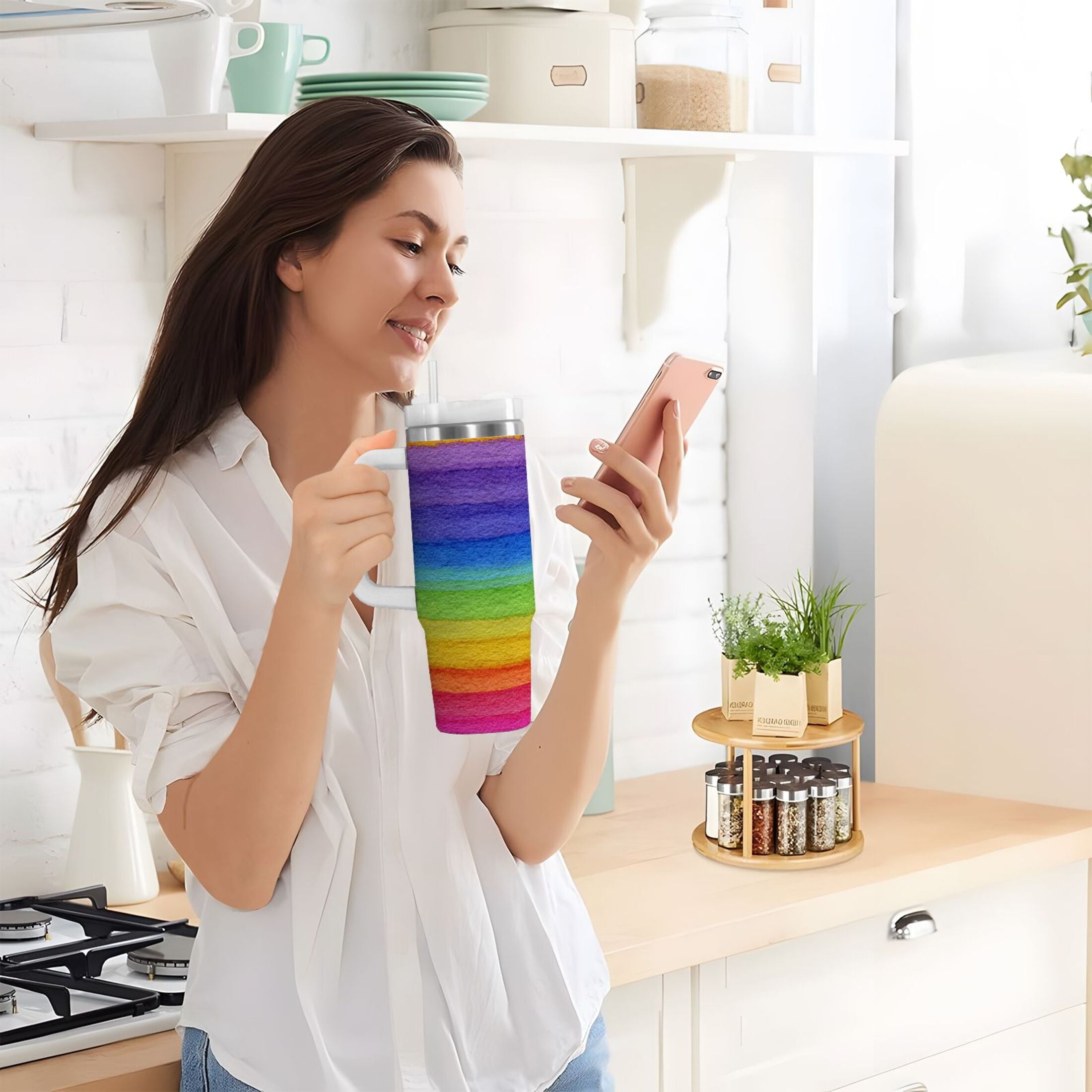 30 oz Insulated Stainless Steel Tumbler Double Wall Stainless Steel Tumbler with 2-Way Drinking Watercolor Rainbow Colors - H3AV