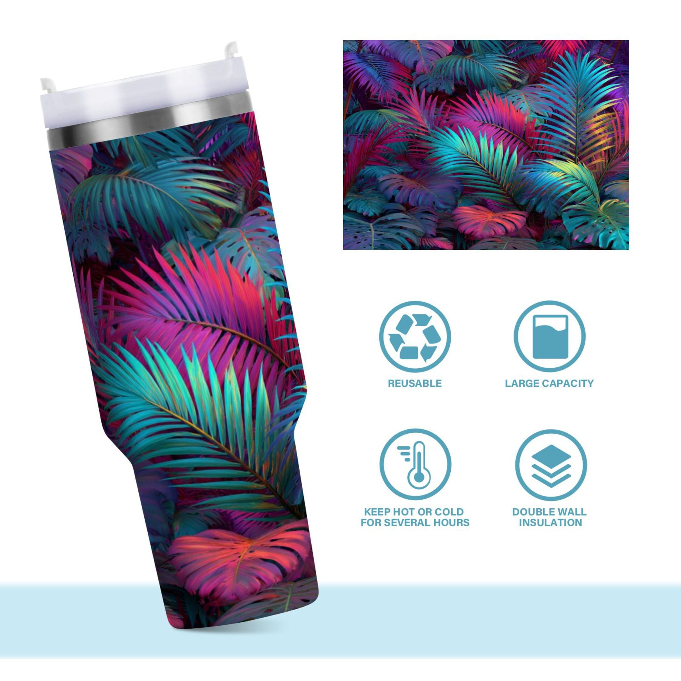 30 oz Insulated Stainless Steel Tumbler Double Wall Stainless Steel Tumbler with 2-Way Drinking Vibrant and Shimmering Jungle - ONP6
