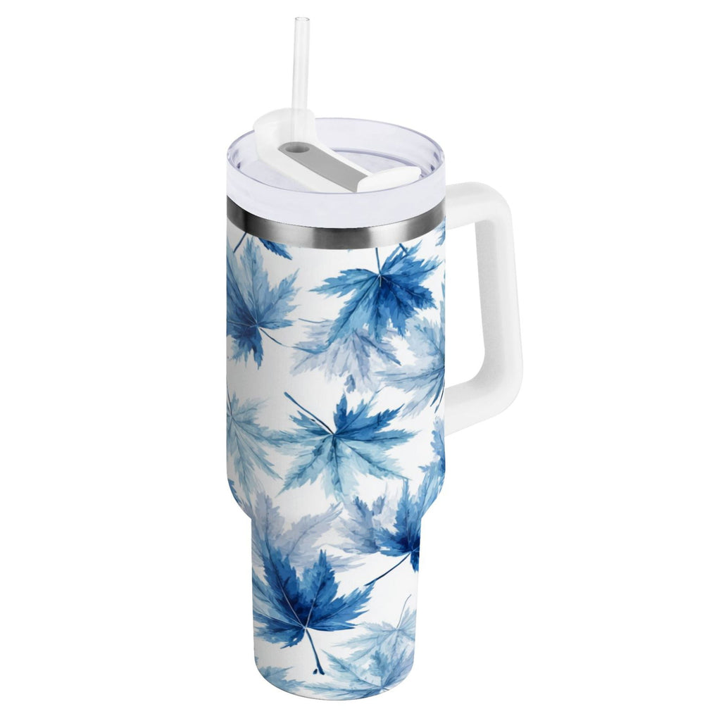 30 oz Insulated Stainless Steel Tumbler Double Wall Stainless Steel Tumbler with 2-Way Drinking Abstract Blue Maple Leaves - AVPG