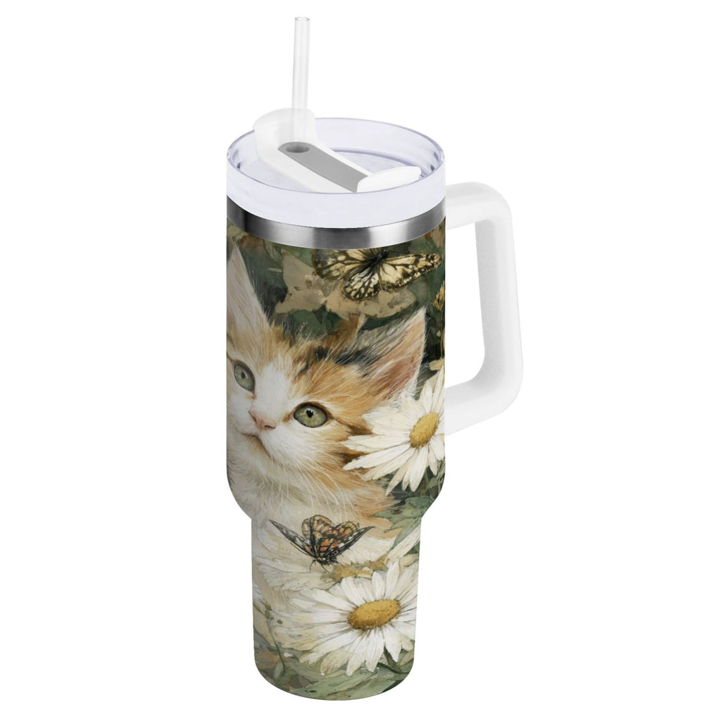 30 oz Insulated Stainless Steel Tumbler Double Wall Stainless Steel Tumbler with 2-Way Drinking Adorable Cats and Daisies - I13N