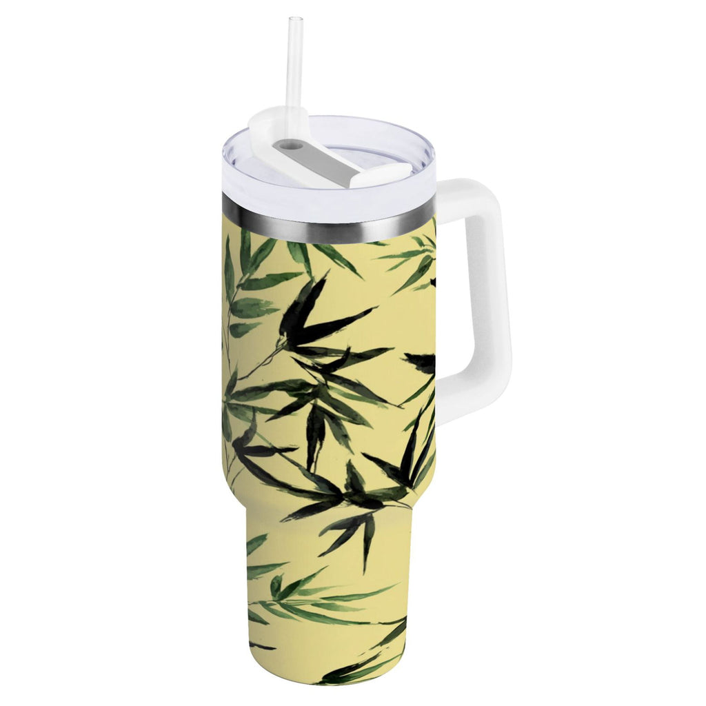 30 oz Insulated Stainless Steel Tumbler Double Wall Stainless Steel Tumbler with 2-Way Drinking Bamboo and Green Leaves - X1QJ