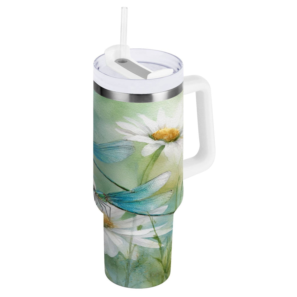 30 oz Insulated Stainless Steel Tumbler Double Wall Stainless Steel Tumbler with 2-Way Drinking Beautiful Dragonflies and Daisies - GLPX