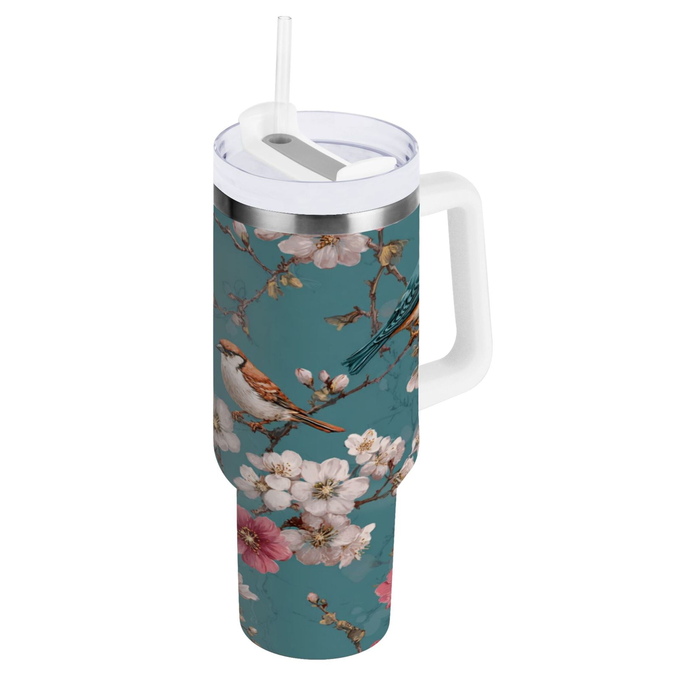 30 oz Insulated Stainless Steel Tumbler Double Wall Stainless Steel Tumbler with 2-Way Drinking Birds and Cherry Pattern - N2QS