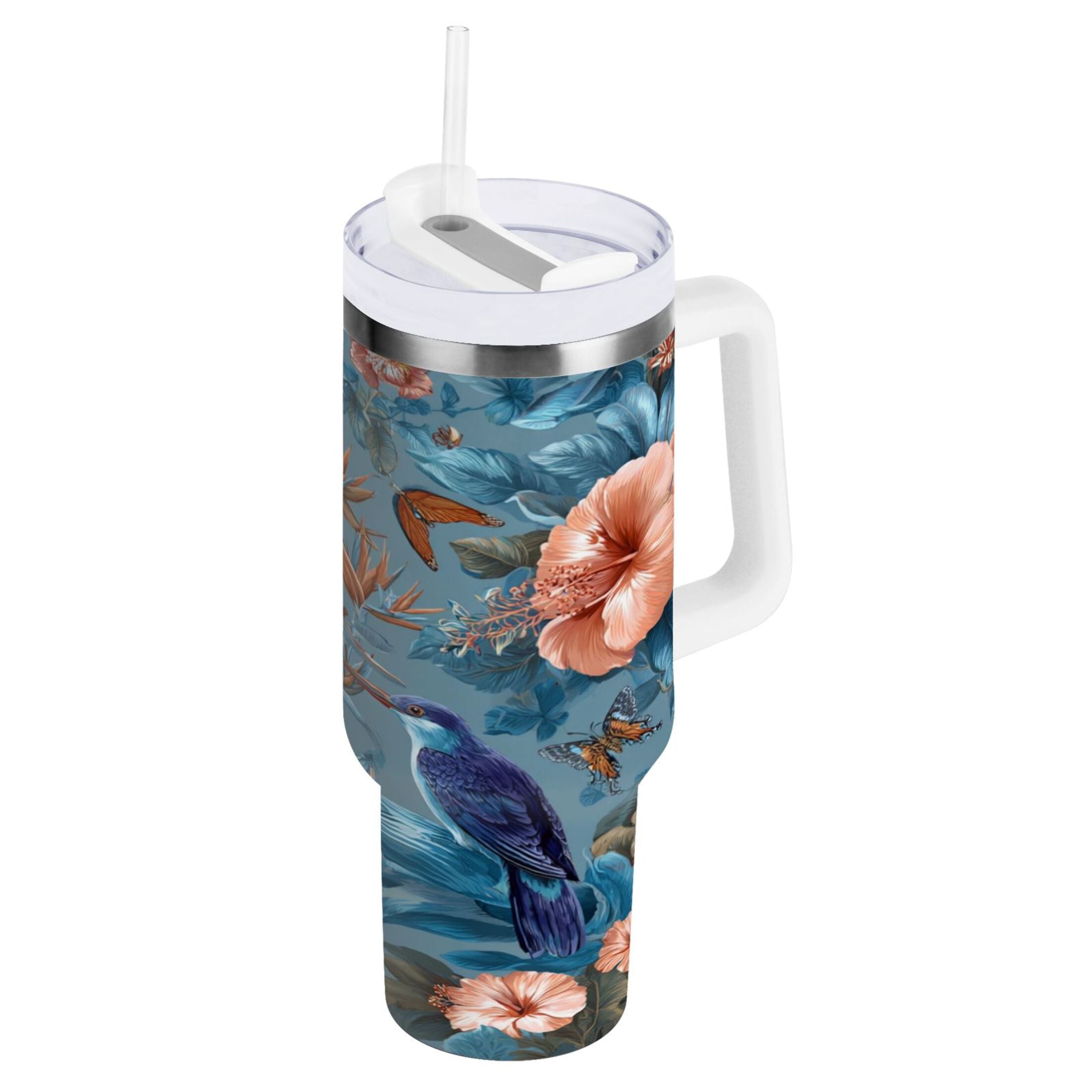 30 oz Insulated Stainless Steel Tumbler Double Wall Stainless Steel Tumbler with 2-Way Drinking Birds and Flowers - N6J0