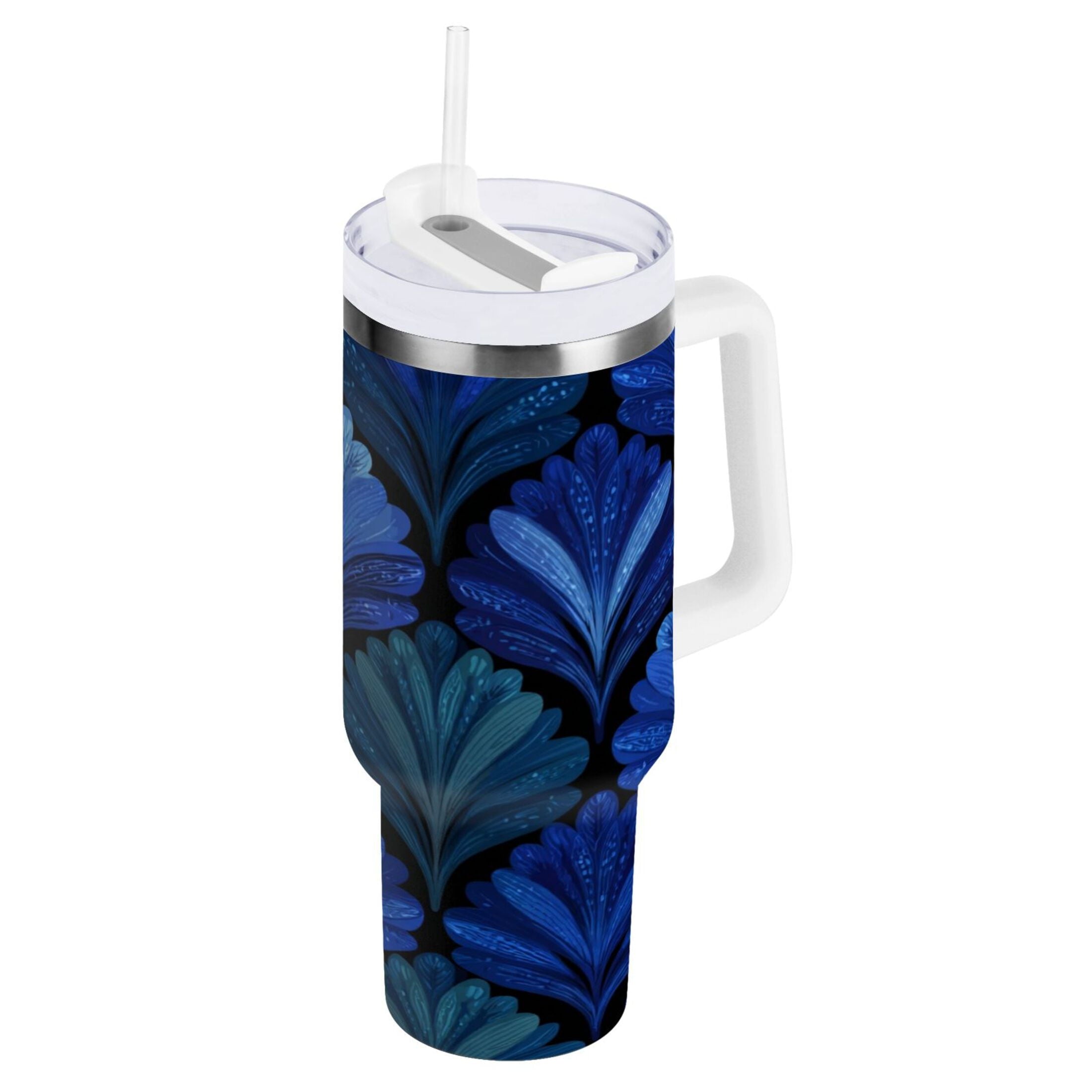 30 oz Insulated Stainless Steel Tumbler Double Wall Stainless Steel Tumbler with 2-Way Drinking Blue Batik Leaves Pattern - OM7T