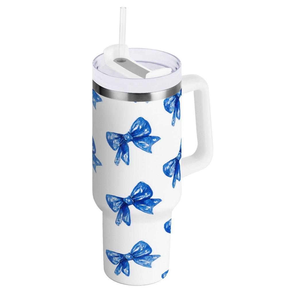 30 oz Insulated Stainless Steel Tumbler Double Wall Stainless Steel Tumbler with 2-Way Drinking Blue Bows Pattern - V80H