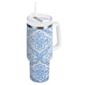 30 oz Insulated Stainless Steel Tumbler Double Wall Stainless Steel Tumbler with 2-Way Drinking Blue Elegant Geometric Design - 789V