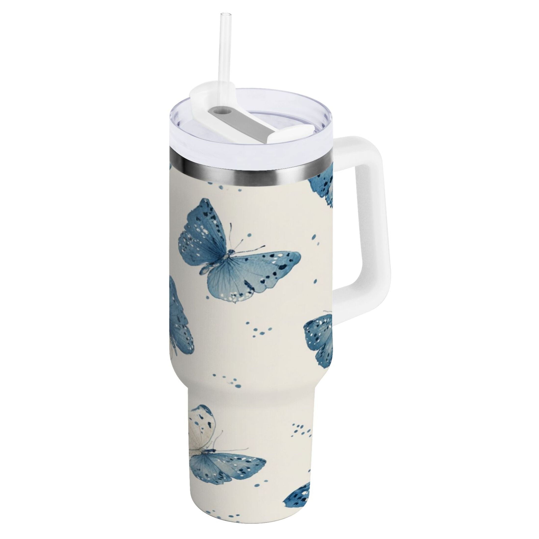 30 oz Insulated Stainless Steel Tumbler Double Wall Stainless Steel Tumbler with 2-Way Drinking Blue Watercolor Butterflies - 9R6X