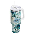 30 oz Insulated Stainless Steel Tumbler Double Wall Stainless Steel Tumbler with 2-Way Drinking Blue and Green Flowers - ZEJO