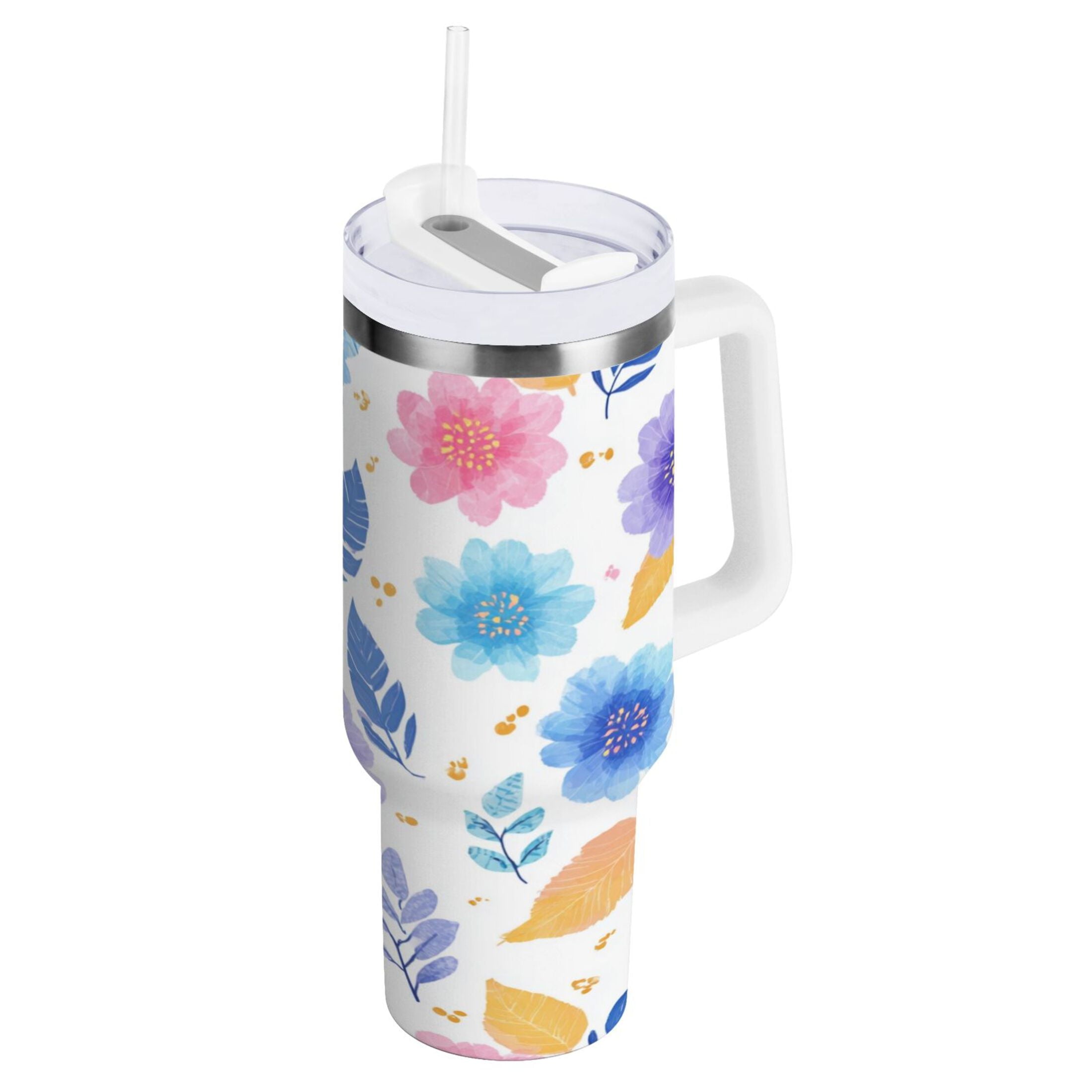 30 oz Insulated Stainless Steel Tumbler Double Wall Stainless Steel Tumbler with 2-Way Drinking Blue and Purple Flowers - 5OWM