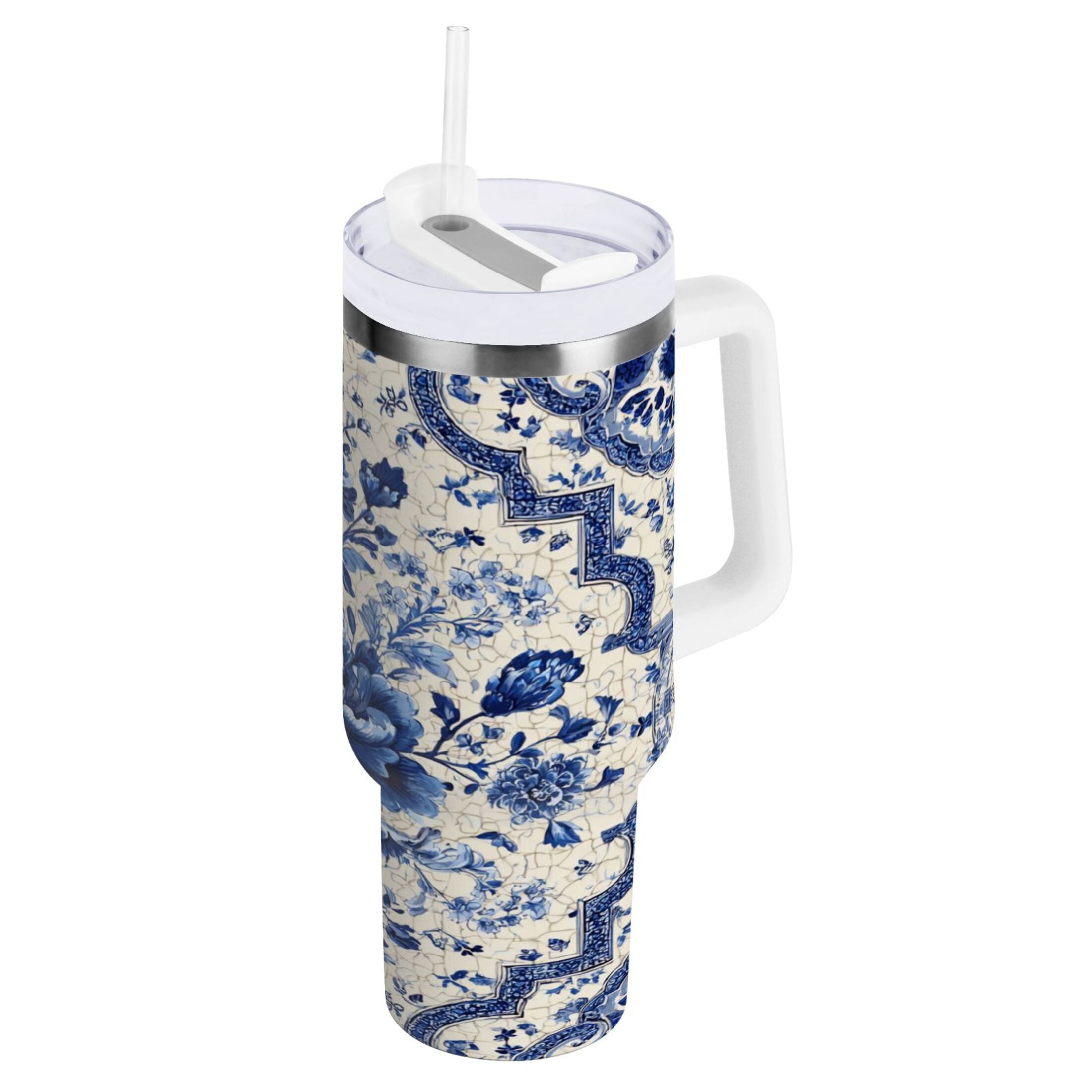 30 oz Insulated Stainless Steel Tumbler Double Wall Stainless Steel Tumbler with 2-Way Drinking Blue and White Porcelain-style - TJC3