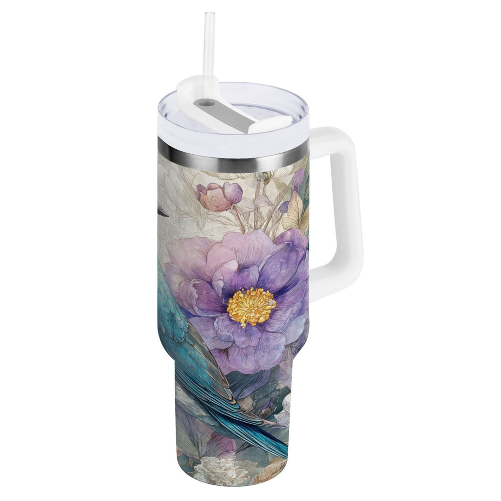 30 oz Insulated Stainless Steel Tumbler Double Wall Stainless Steel Tumbler with 2-Way Drinking Bluebird and Flower - VS42
