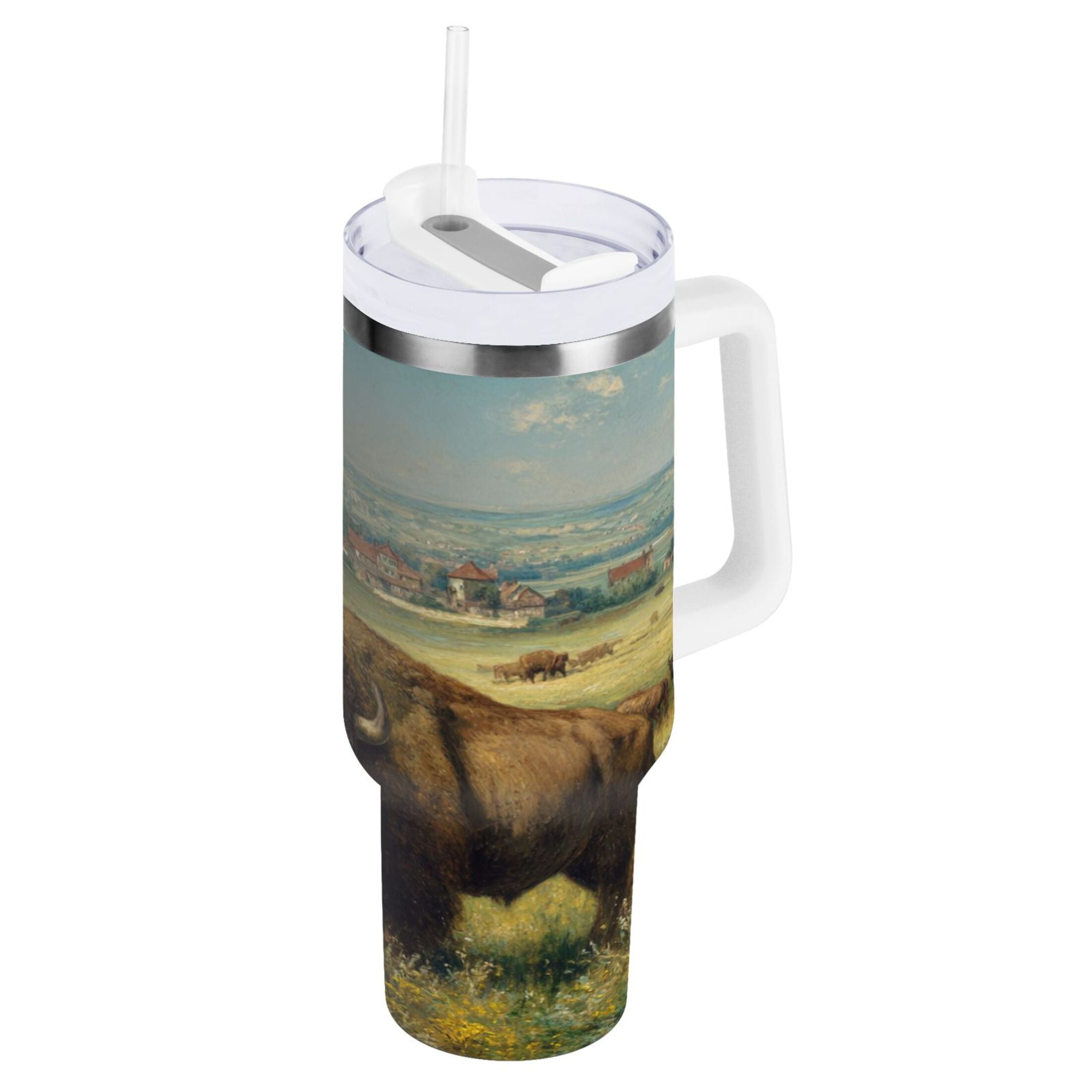 30 oz Insulated Stainless Steel Tumbler Double Wall Stainless Steel Tumbler with 2-Way Drinking Buffalo Herd Oil Painting - I0RD