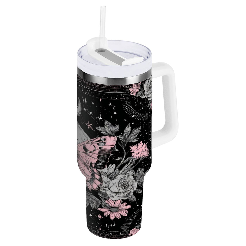 30 oz Insulated Stainless Steel Tumbler Double Wall Stainless Steel Tumbler with 2-Way Drinking Butterfly by Moon and Flowers - M043