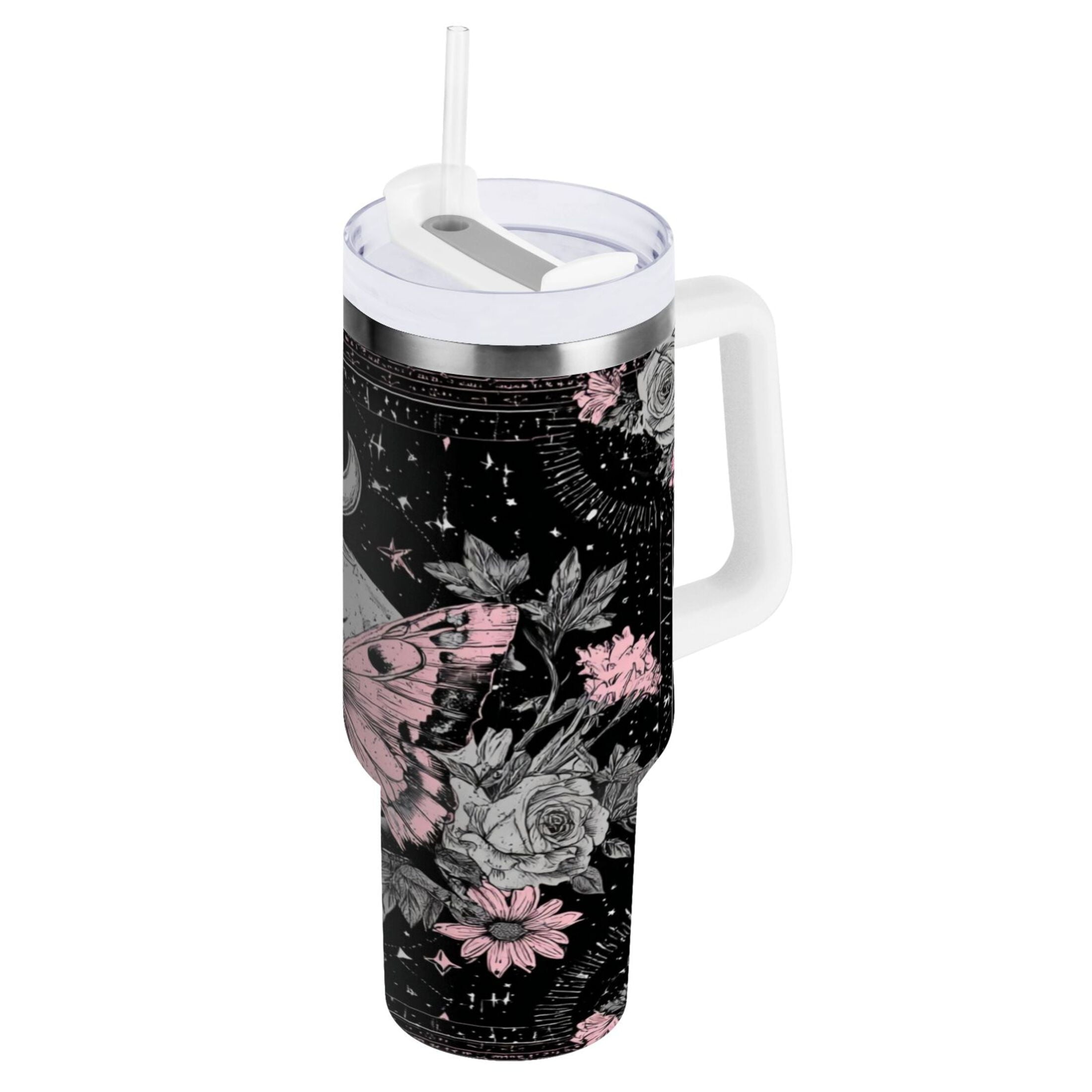 30 oz Insulated Stainless Steel Tumbler Double Wall Stainless Steel Tumbler with 2-Way Drinking Butterfly by Moon and Flowers - M043