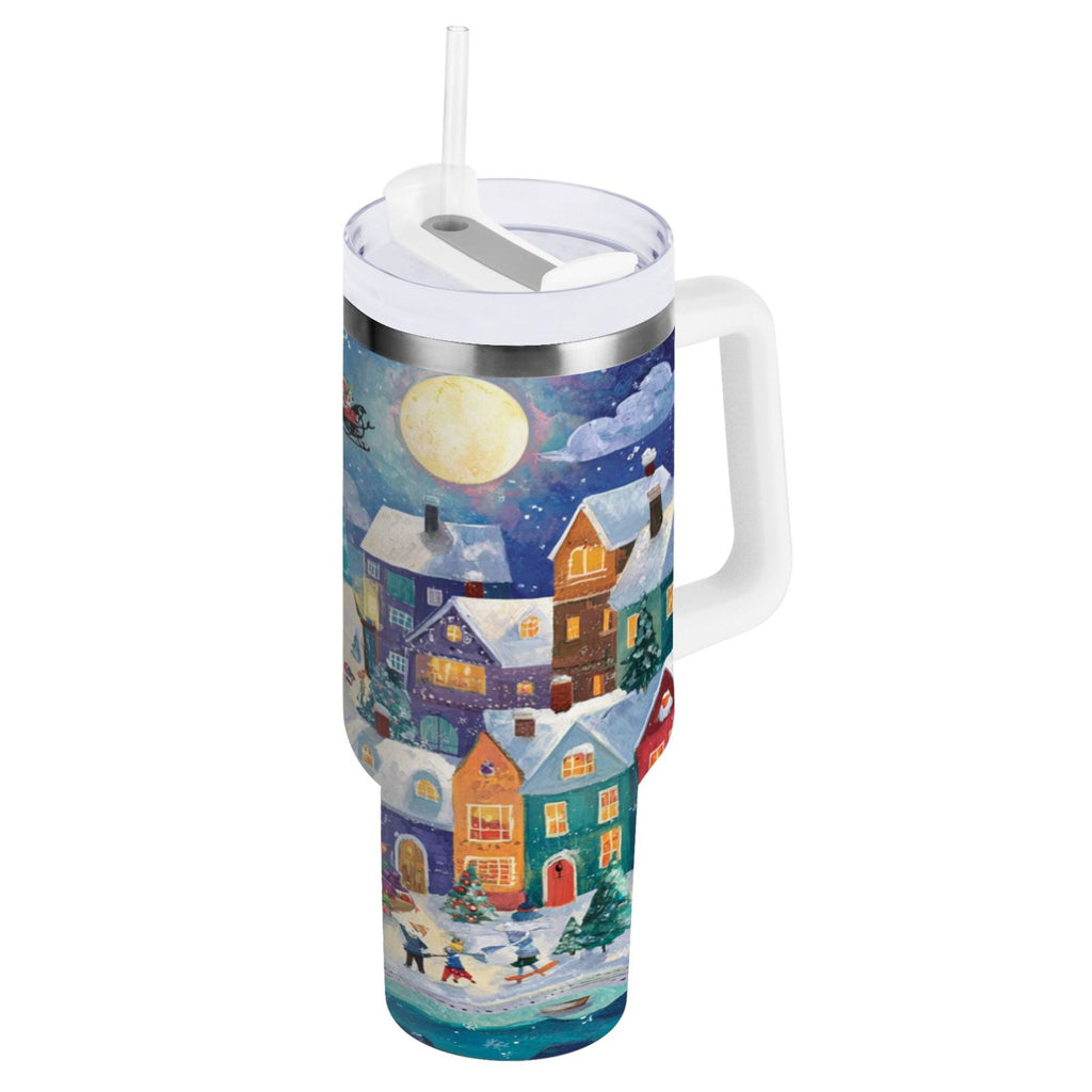 30 oz Insulated Stainless Steel Tumbler Double Wall Stainless Steel Tumbler with 2-Way Drinking Charming Christmas Scene - T84I