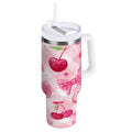 30 oz Insulated Stainless Steel Tumbler Double Wall Stainless Steel Tumbler with 2-Way Drinking Cherry and Pink Bow Pattern - GF7C