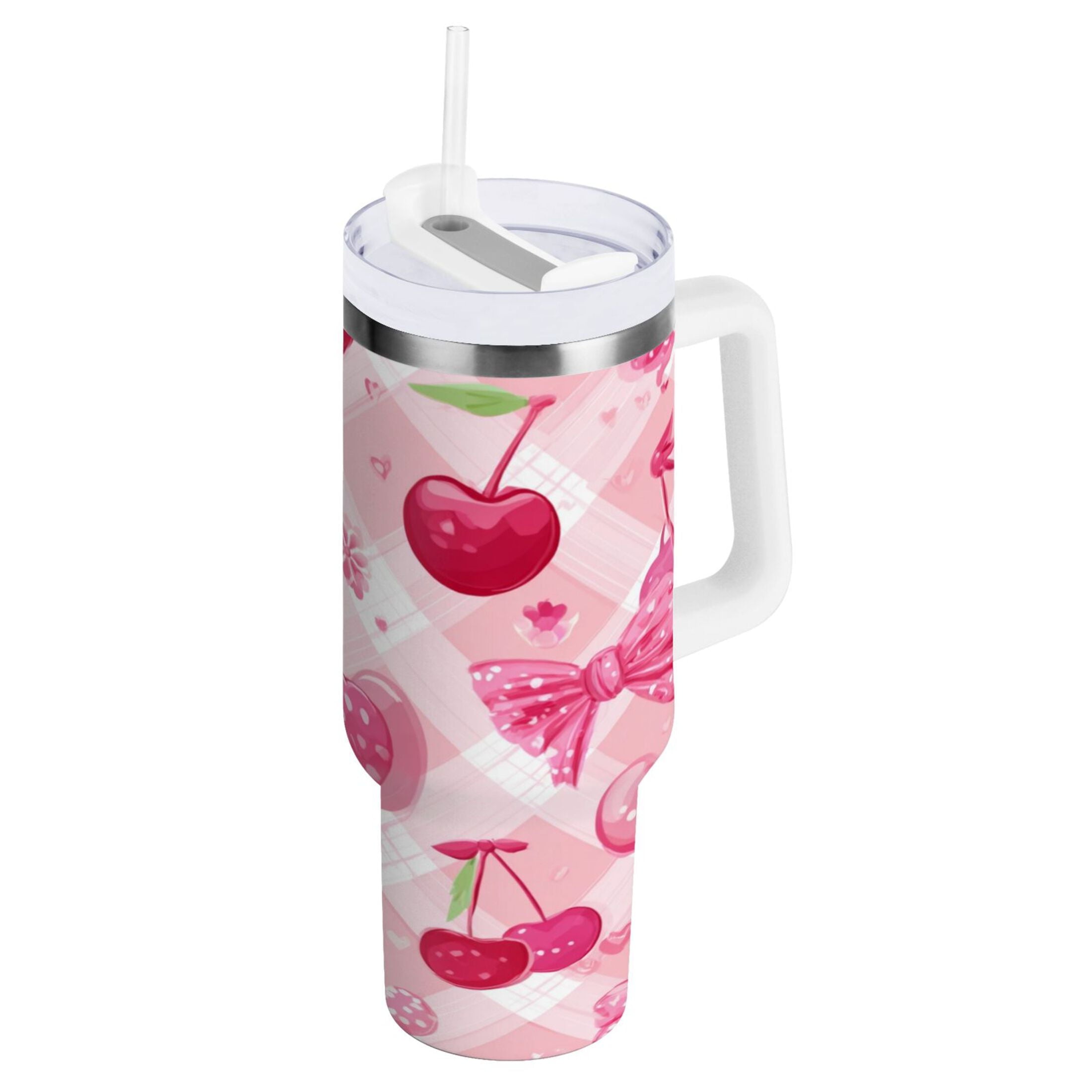 30 oz Insulated Stainless Steel Tumbler Double Wall Stainless Steel Tumbler with 2-Way Drinking Cherry and Pink Bow Pattern - GF7C