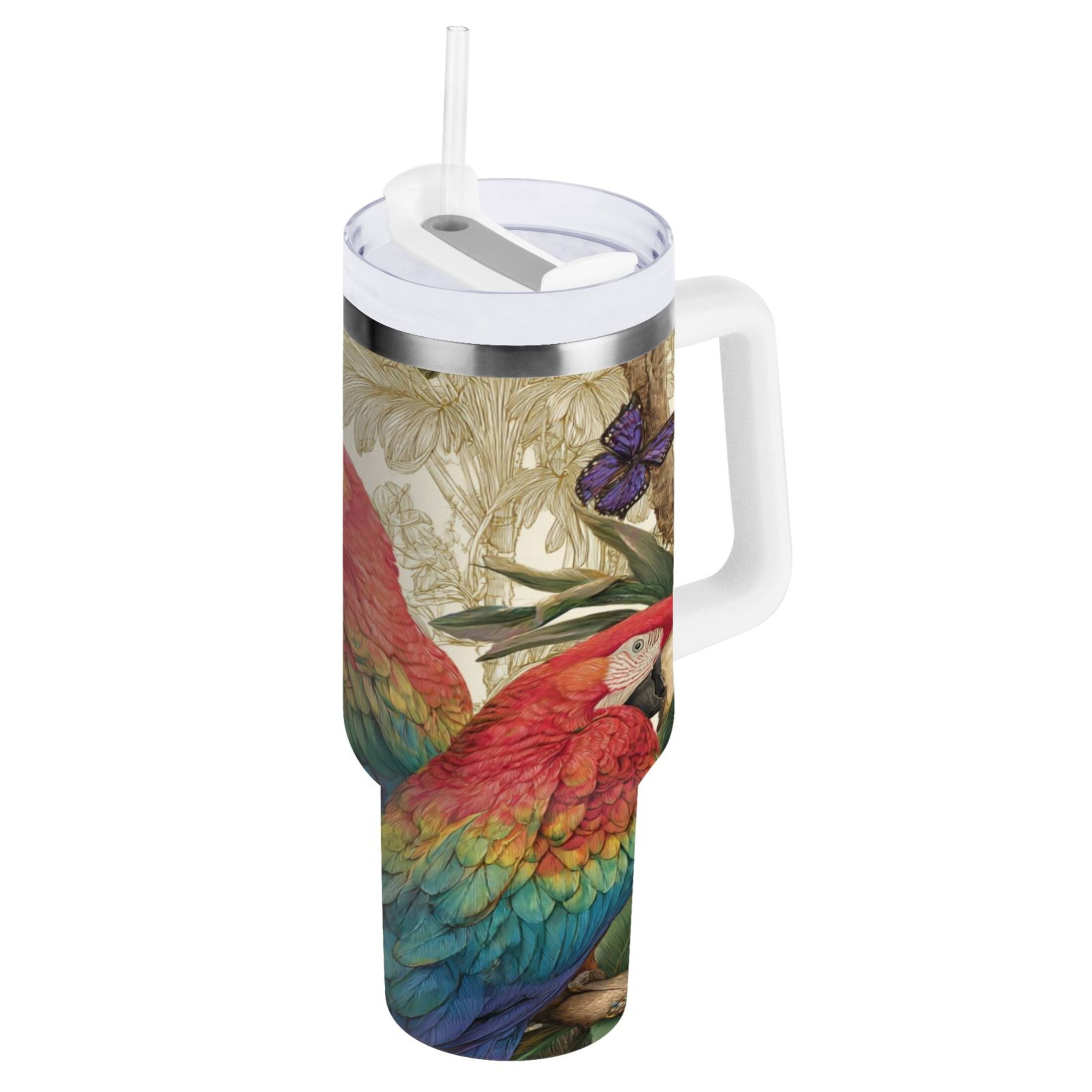 30 oz Insulated Stainless Steel Tumbler Double Wall Stainless Steel Tumbler with 2-Way Drinking Colorful Beautiful Parrots - FM7O
