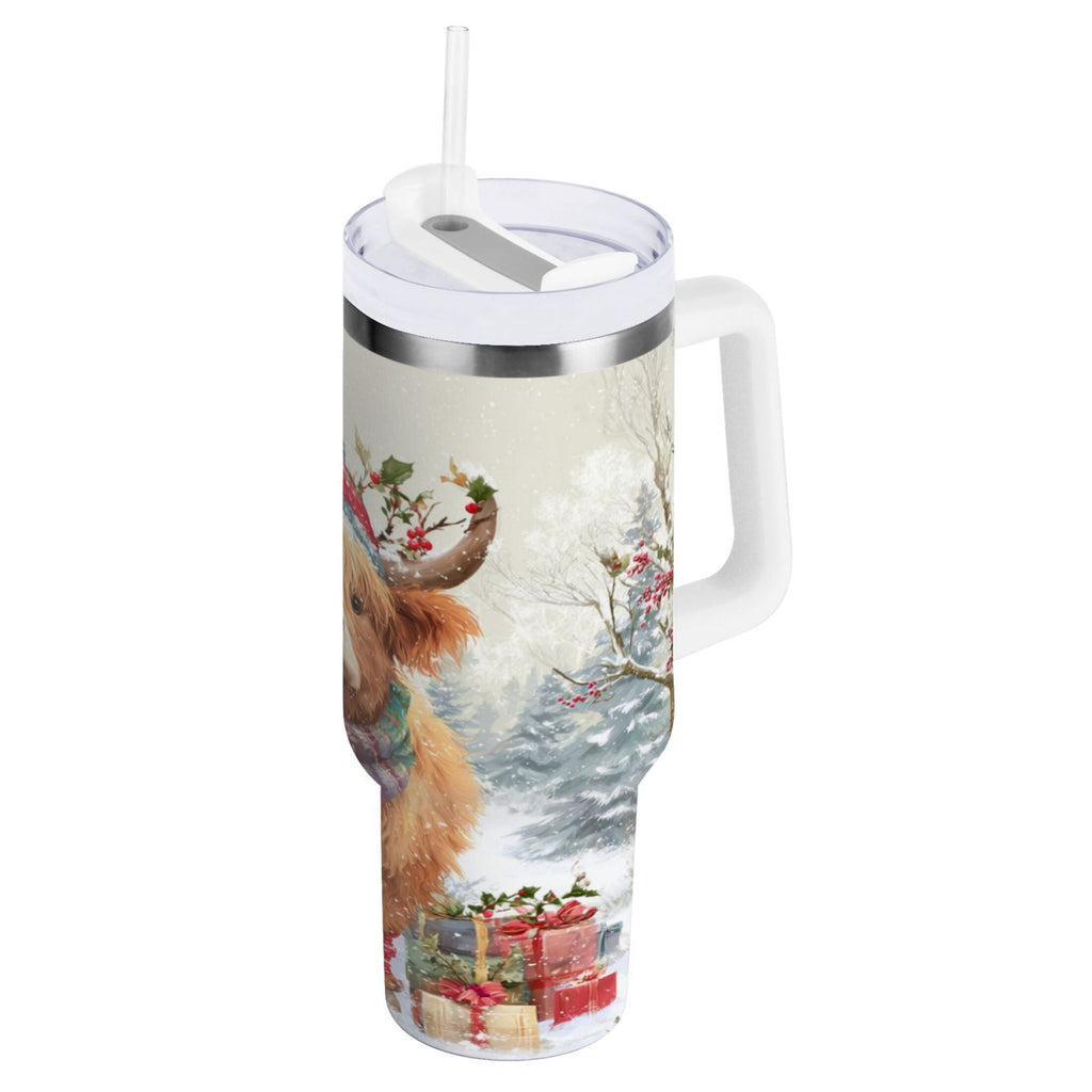 30 oz Insulated Stainless Steel Tumbler Double Wall Stainless Steel Tumbler with 2-Way Drinking Cow Wearing Christmas Hat - W546