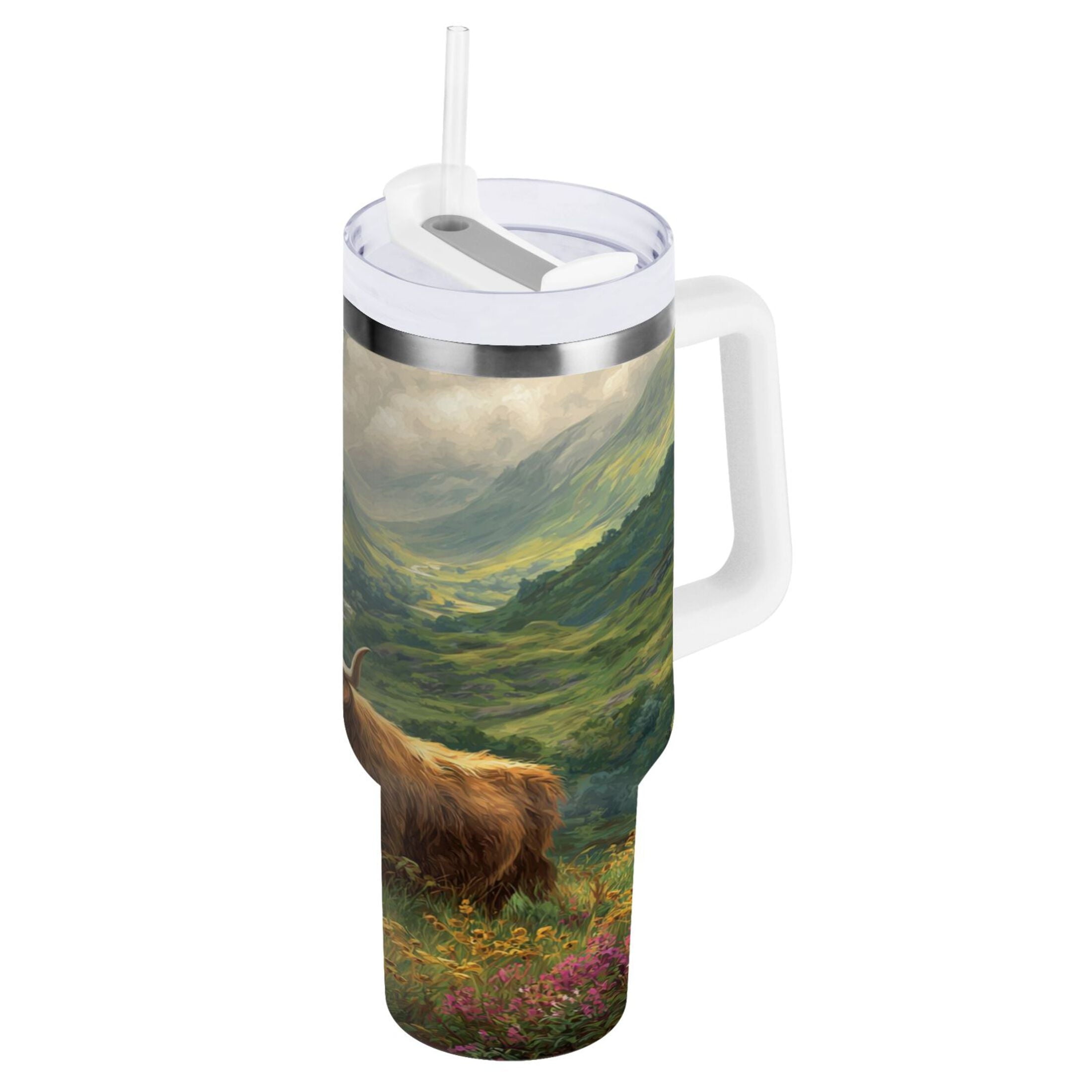 30 oz Insulated Stainless Steel Tumbler Double Wall Stainless Steel Tumbler with 2-Way Drinking Cow in Green Rolling Hills - W34T