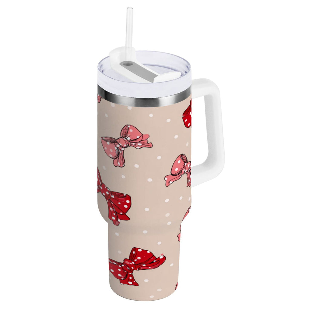 30 oz Insulated Stainless Steel Tumbler Double Wall Stainless Steel Tumbler with 2-Way Drinking Cute Red Bows Pattern - 7WO6