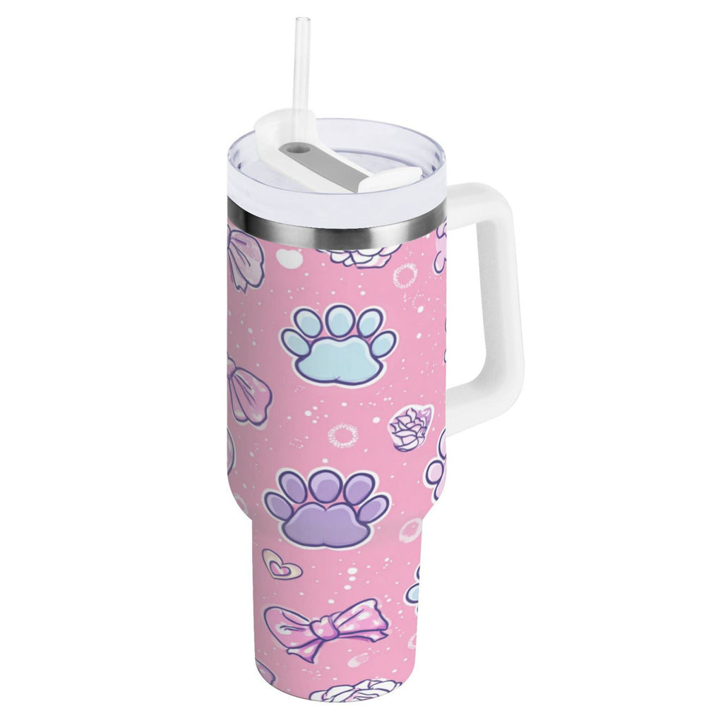 30 oz Insulated Stainless Steel Tumbler Double Wall Stainless Steel Tumbler with 2-Way Drinking Dog Paw Prints and Bows - F7K9